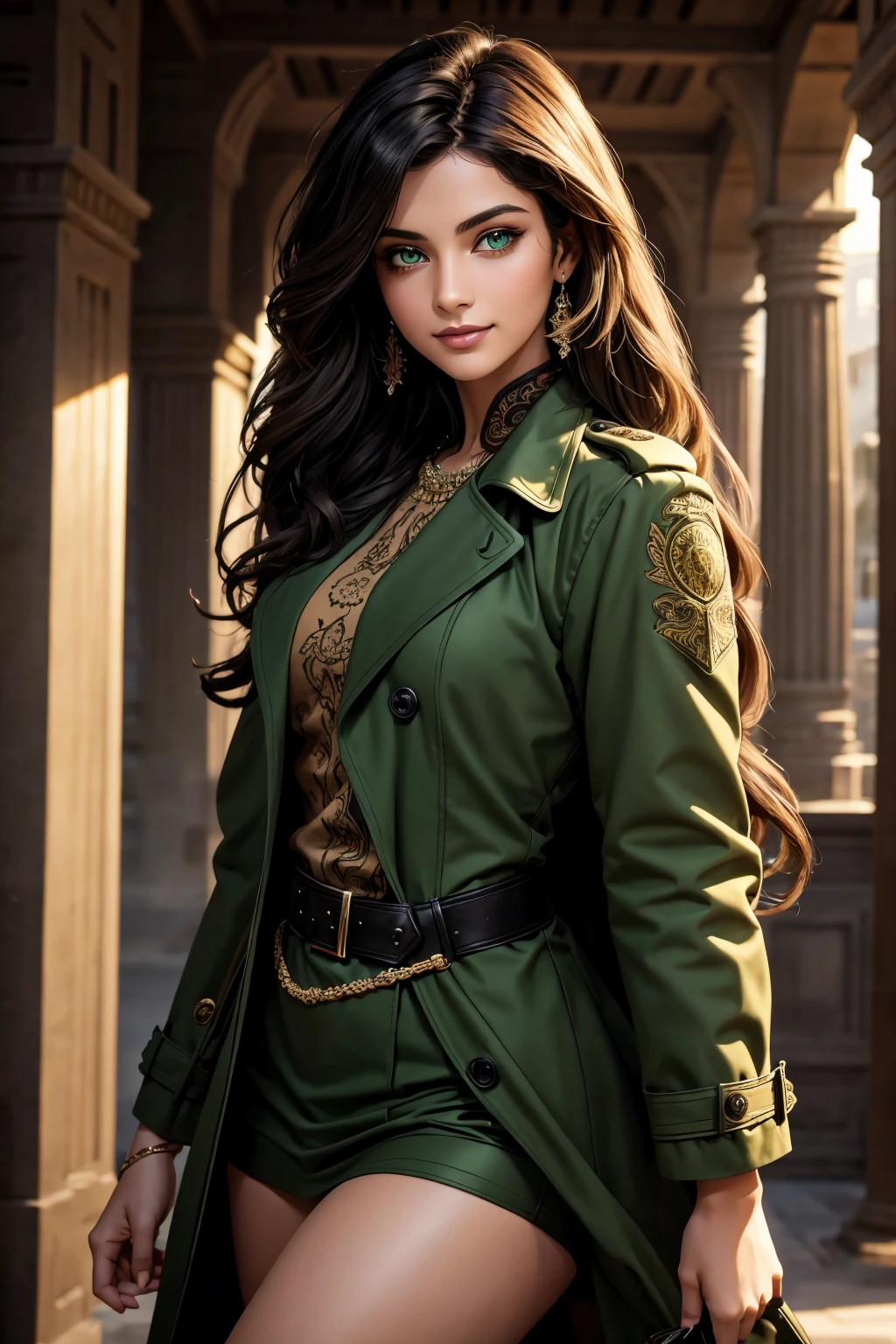 A stunning Indian beauty, with bright green eyes, with dark brown-black long wavy long hair, with mesmerizing feature with a Hopeful smiling expression, finely detailed eyes, happy mood masterpiece, top quality, best quality, official art, beautiful and aesthetic:1.2), (1girl), extreme detailed,(fractal art:1.3), colorful, highest detailed, (masterpiece, best quality:1.3) 1 bright-green-eyed woman, professional digital painting, Unreal Engine 5. Wearing a black-buttoned-up-military-trench coat.
