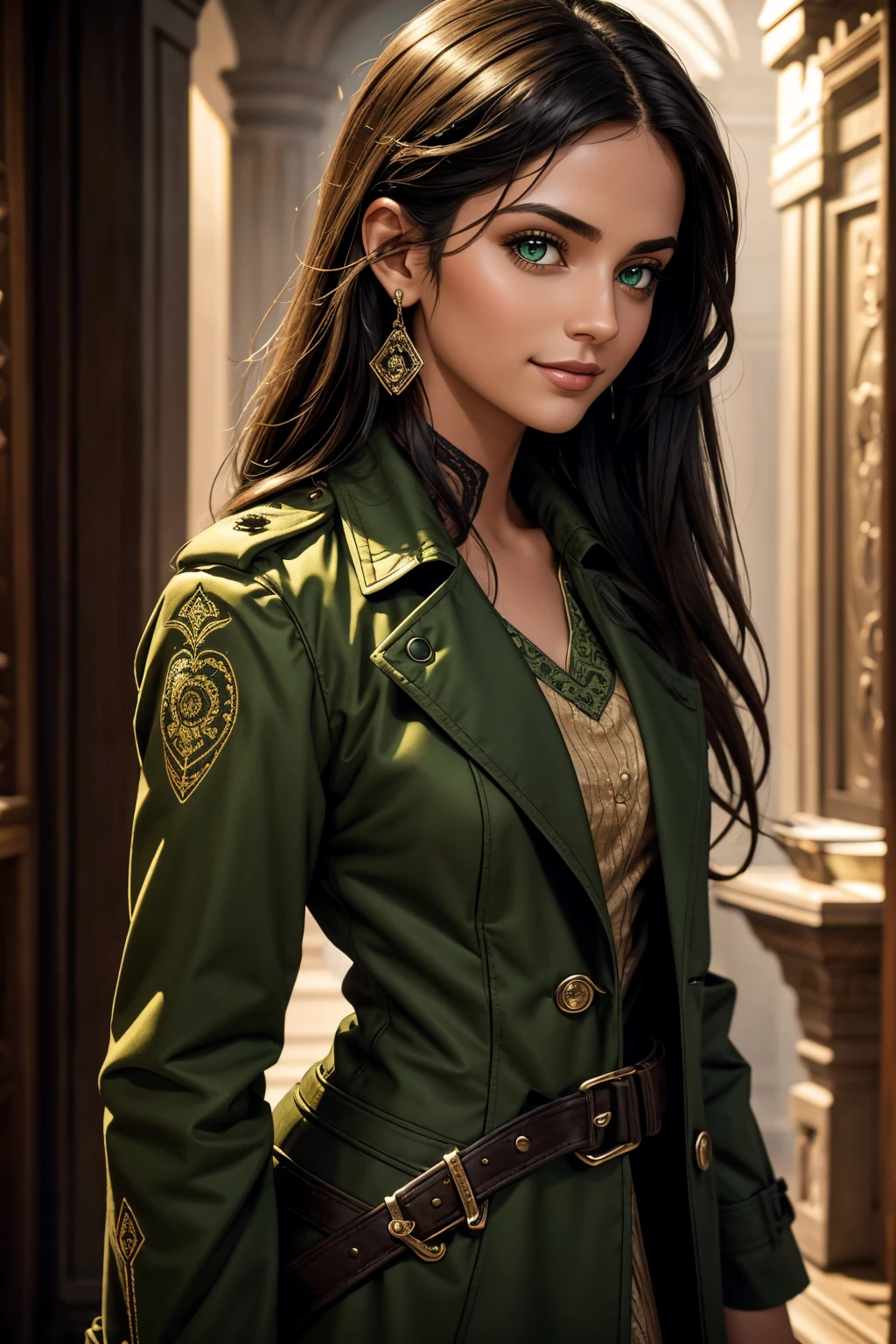 A stunning Indian beauty, with bright green eyes, with dark brown-black long wavy long hair, with mesmerizing feature with a Hopeful smiling expression, finely detailed eyes, happy mood masterpiece, top quality, best quality, official art, beautiful and aesthetic:1.2), (1girl), extreme detailed,(fractal art:1.3), colorful, highest detailed, (masterpiece, best quality:1.3) 1 bright-green-eyed woman, professional digital painting, Unreal Engine 5. Wearing a black-buttoned-up-military-trench coat.
