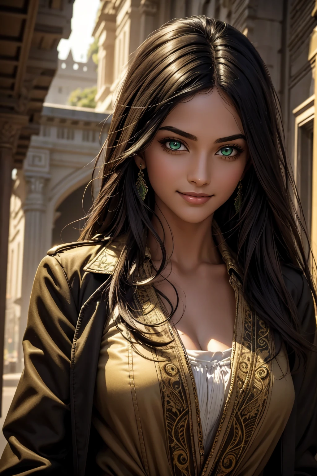 A stunning Indian beauty, with bright green eyes, with dark brown-black long wavy long hair, with mesmerizing feature with a Hopeful smiling expression, finely detailed eyes, happy mood masterpiece, top quality, best quality, official art, beautiful and aesthetic:1.2), (1girl), extreme detailed,(fractal art:1.3), colorful, highest detailed, (masterpiece, best quality:1.3) 1 bright-green-eyed woman, professional digital painting, Unreal Engine 5. Wearing a black-buttoned-up-military-trench coat.
