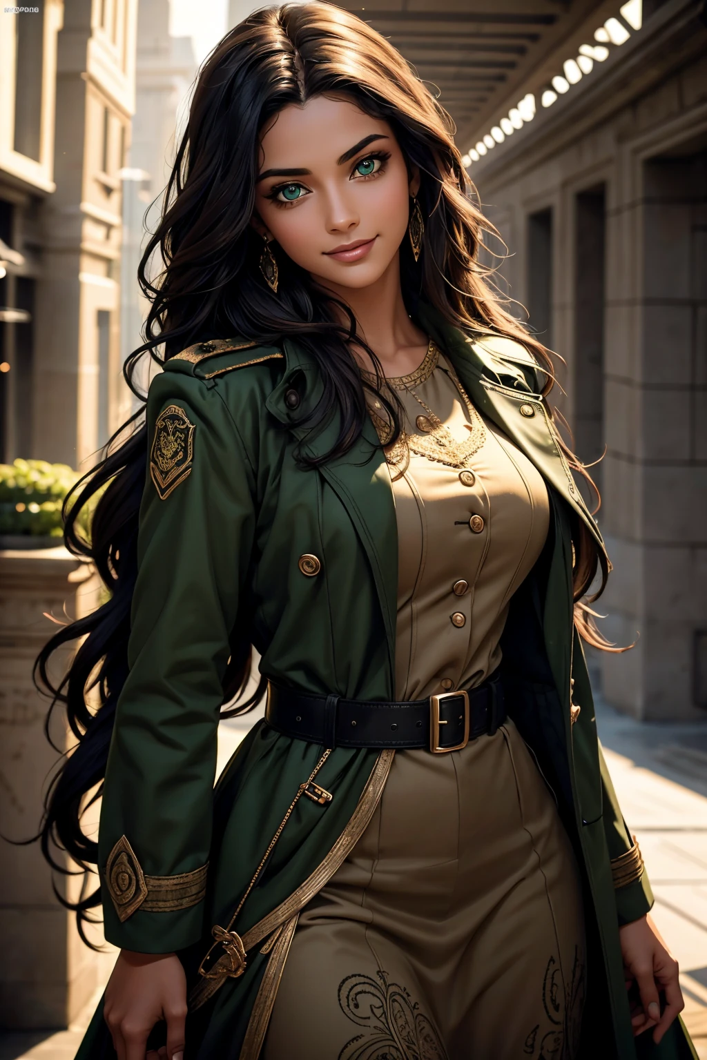 A stunning Indian beauty, with bright green eyes, with dark brown-black long wavy long hair, with mesmerizing feature with a Hopeful smiling expression, finely detailed eyes, happy mood masterpiece, top quality, best quality, official art, beautiful and aesthetic:1.2), (1girl), extreme detailed,(fractal art:1.3), colorful, highest detailed, (masterpiece, best quality:1.3) 1 bright-green-eyed woman, professional digital painting, Unreal Engine 5. Wearing a black-buttoned-up-military-trench coat.
