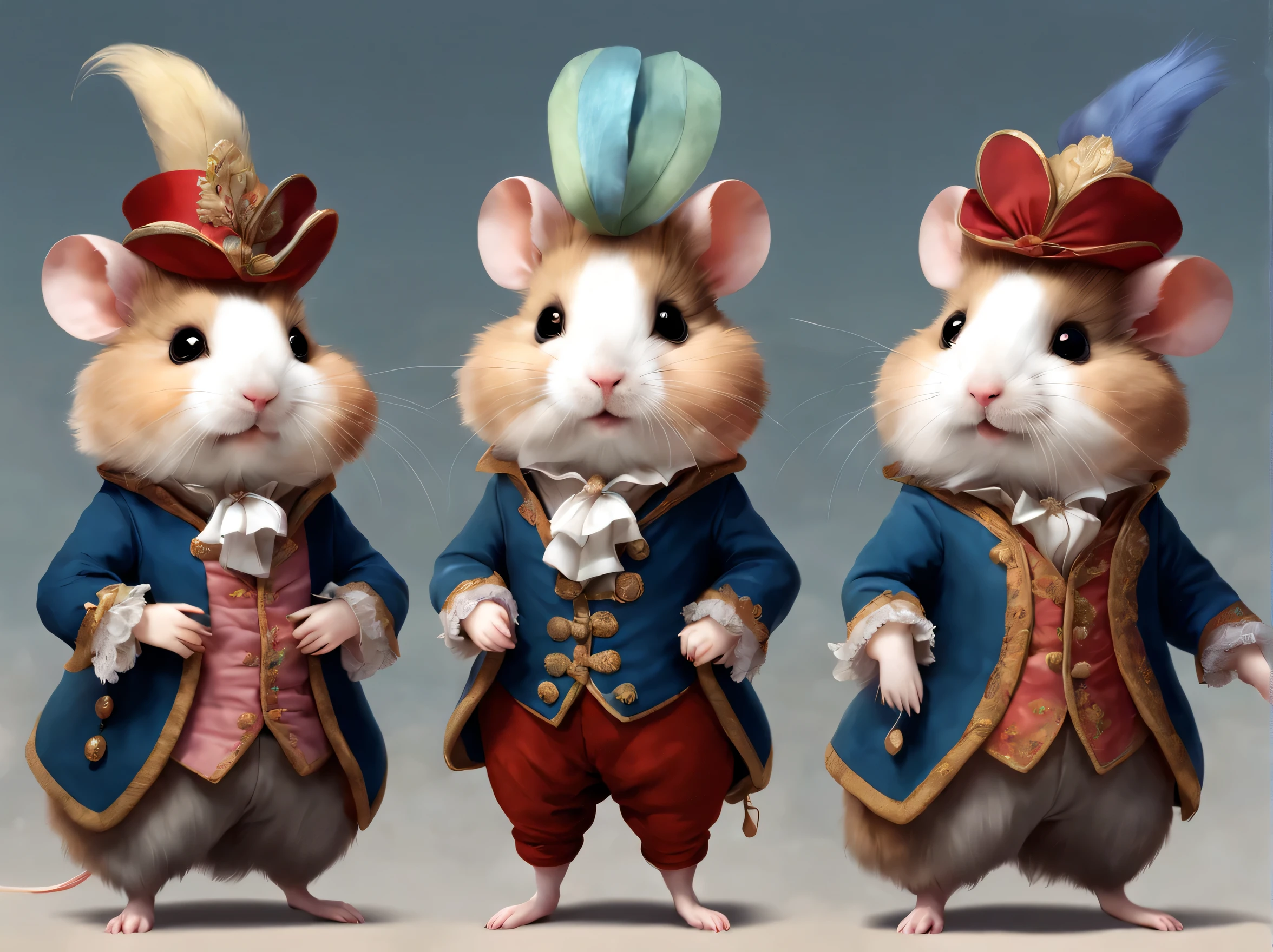 super high quality、super delicate、Original character design body style、cute anthropomorphic hamster、cute fairy tale characters、Cute hamster wearing aristocratic clothes、18th century french clothing、colorful colors、((3 views,whole body, background,multiple views,High resolution)),Cast colorful spells,multiple views,magic,patchwork