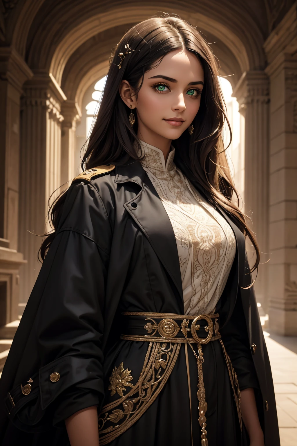 A stunning Indian beauty, with bright green eyes, with dark brown-black long wavy long hair, with mesmerizing feature with a Hopeful smiling expression, finely detailed eyes, happy mood masterpiece, top quality, best quality, official art, beautiful and aesthetic:1.2), (1girl), extreme detailed,(fractal art:1.3), colorful, highest detailed, (masterpiece, best quality:1.3) 1 bright-green-eyed woman, professional digital painting, Unreal Engine 5. Wearing a black-buttoned-up-military-trench coat.
