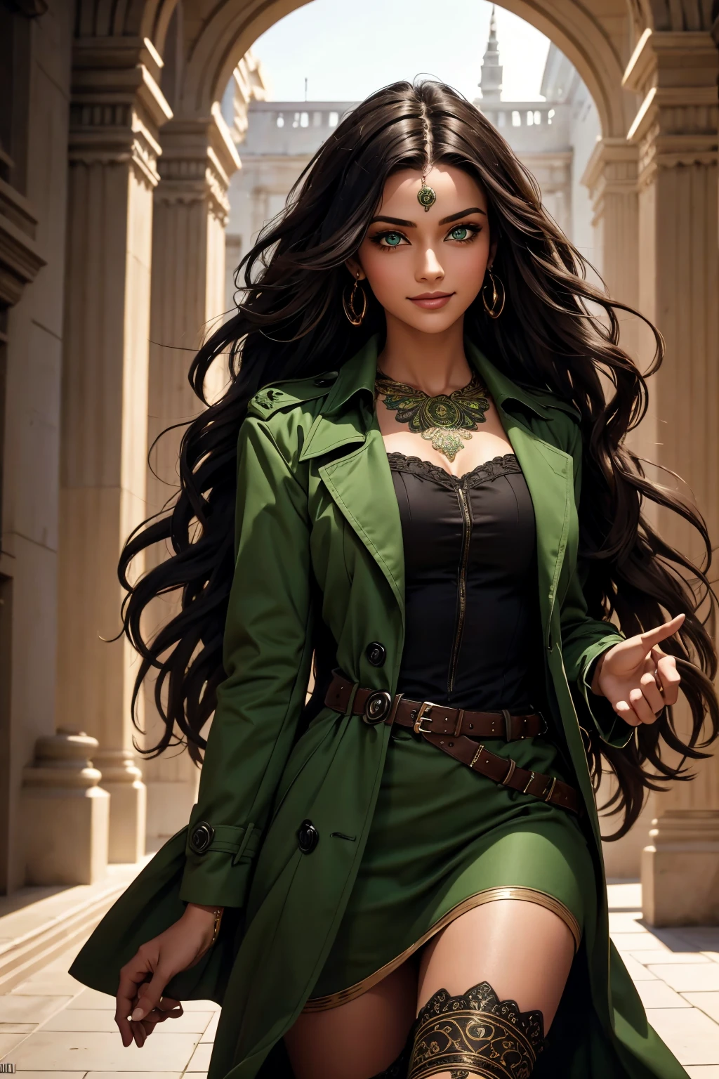 A stunning Indian beauty, with bright green eyes, with dark brown-black long wavy long hair, with mesmerizing feature with a Hopeful smiling expression, finely detailed eyes, happy mood masterpiece, top quality, best quality, official art, beautiful and aesthetic:1.2), (1girl), extreme detailed,(fractal art:1.3), colorful, highest detailed, (masterpiece, best quality:1.3) 1 bright-green-eyed woman, professional digital painting, Unreal Engine 5. Wearing a black-buttoned-up-military-trench coat.
