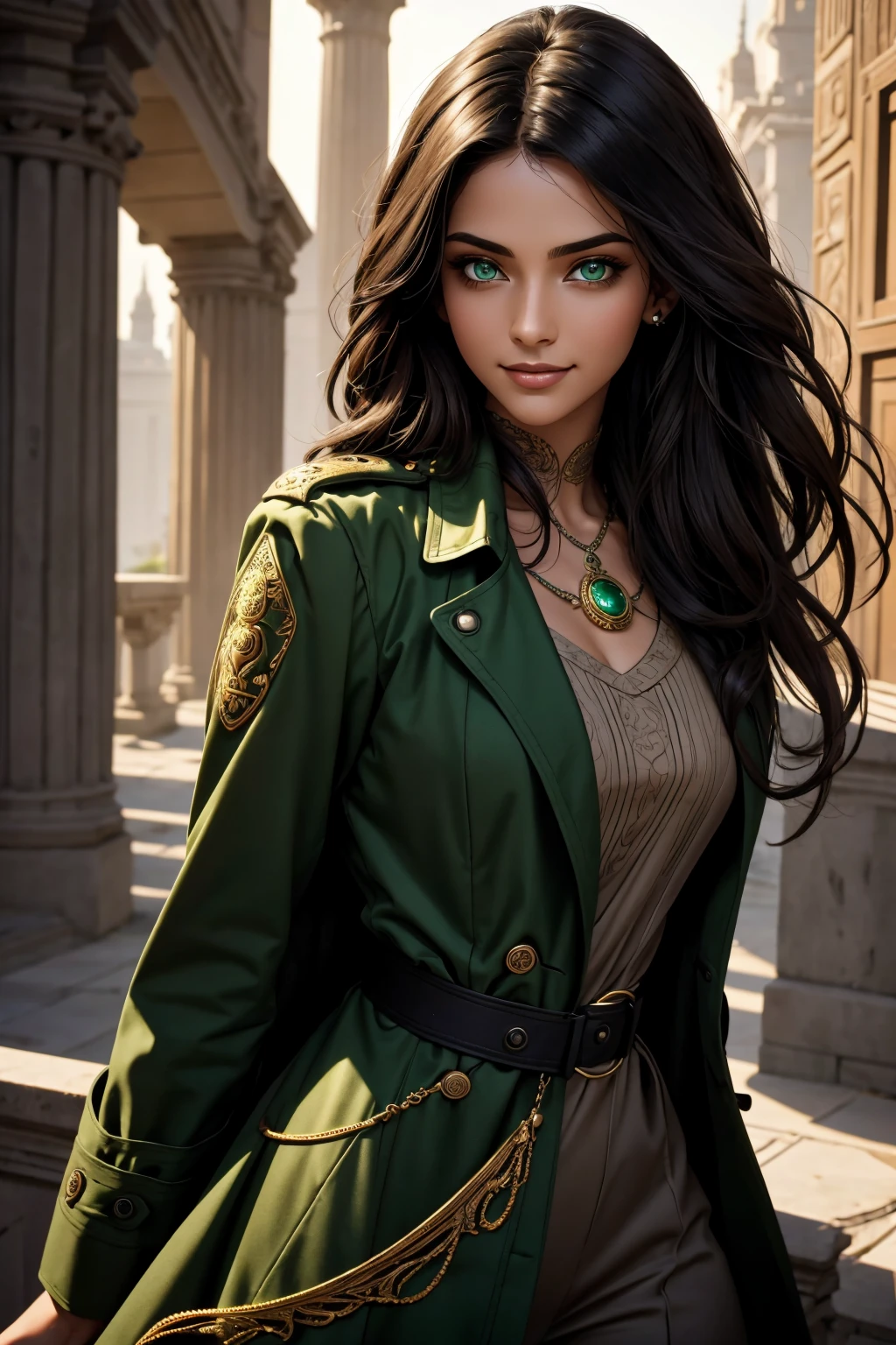 A stunning Indian beauty, with bright green eyes, with dark brown-black long wavy long hair, with mesmerizing feature with a Hopeful smiling expression, finely detailed eyes, happy mood masterpiece, top quality, best quality, official art, beautiful and aesthetic:1.2), (1girl), extreme detailed,(fractal art:1.3), colorful, highest detailed, (masterpiece, best quality:1.3) 1 bright-green-eyed woman, professional digital painting, Unreal Engine 5. Wearing a black-buttoned-up-military-trench coat with a black-star embroidered on the shoulder.
