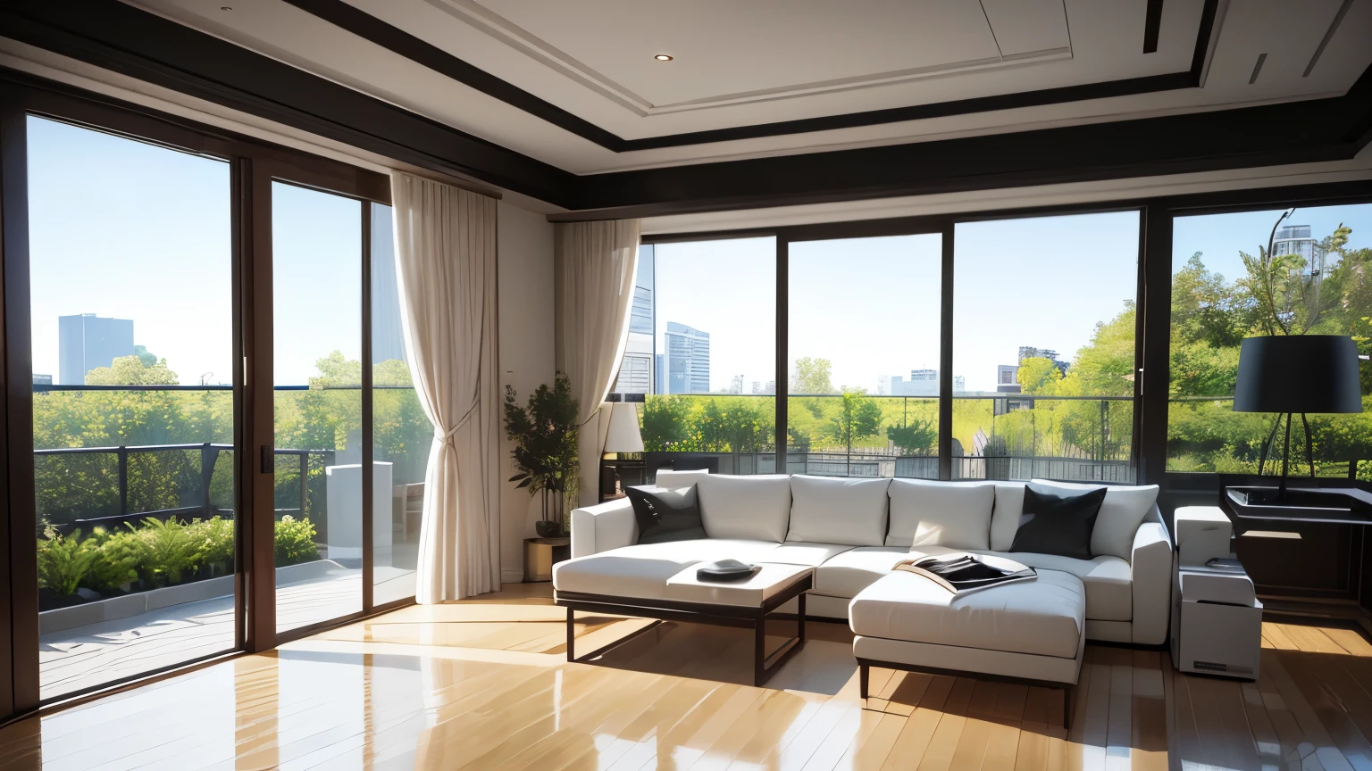 you are a famous interior designer、I was asked to create a 3D image of a large modern room.。. Create a harmonious environment with modern and minimalist furniture. Including garden interior.