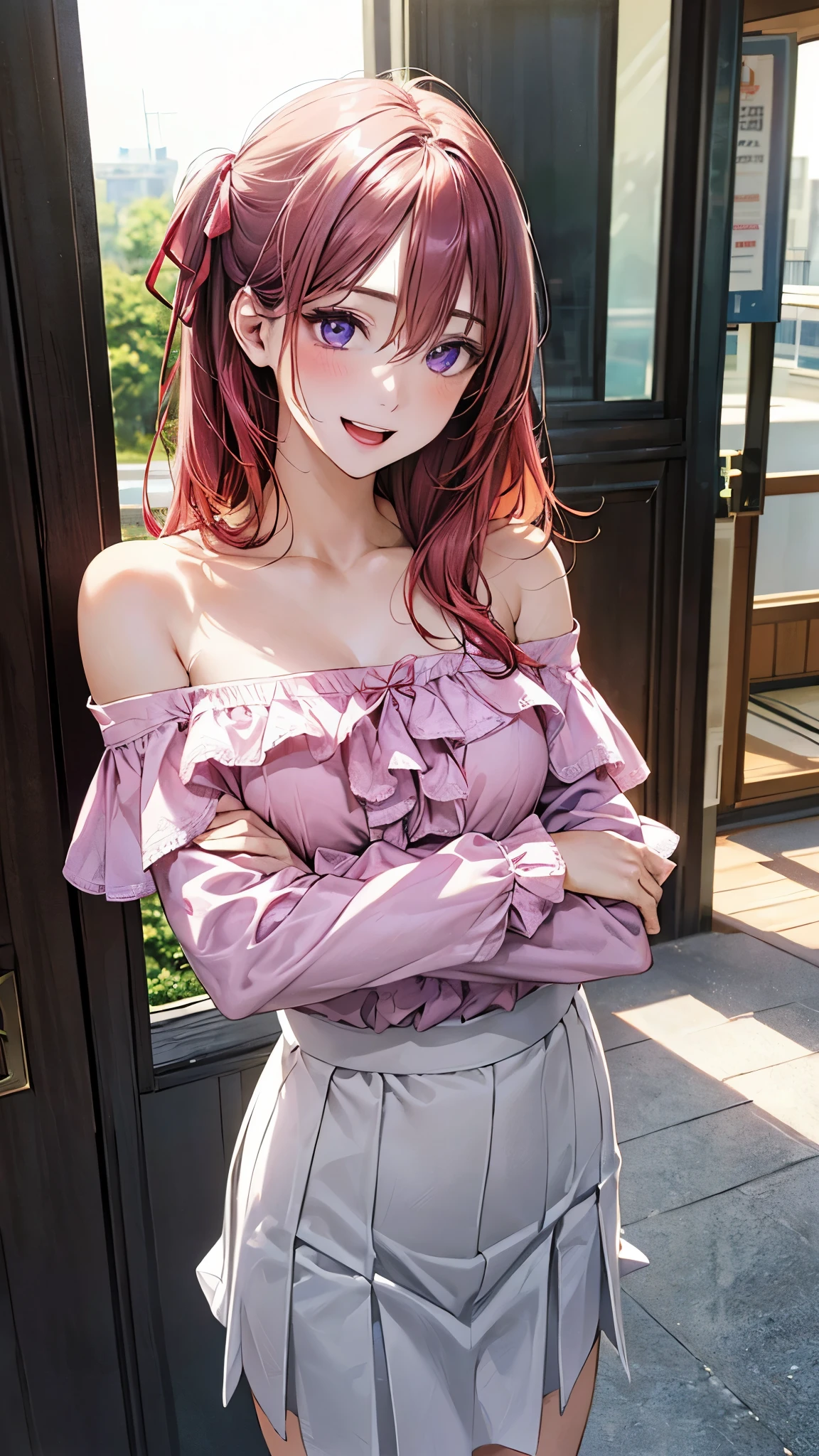 (masterpiece:1.2, top-quality), (realistic, photorealistic:1.4), beautiful illustration, (natural side lighting, movie lighting), nsfw,
looking at viewer, 1 girl, japanese, high school girl, perfect face, cute and symmetrical face, shiny skin,
(middle hair:1.5, (two side up:1.2), pink hair), hair between eyes, slant eyes, purple eyes, long eye lasher, (medium breasts), slender, dark red hair ribbon,
beautiful hair, beautiful face, beautiful detailed eyes, beautiful clavicle, beautiful body, beautiful chest, beautiful thigh, beautiful legs, beautiful fingers,
((detailed cloth texture, long sleeves off-the-shoulder red ruffled blouse, white long skirt, )), ,
(beautiful scenery), evening, (park), standing, crossed arms, (lovely smile, open mouth),