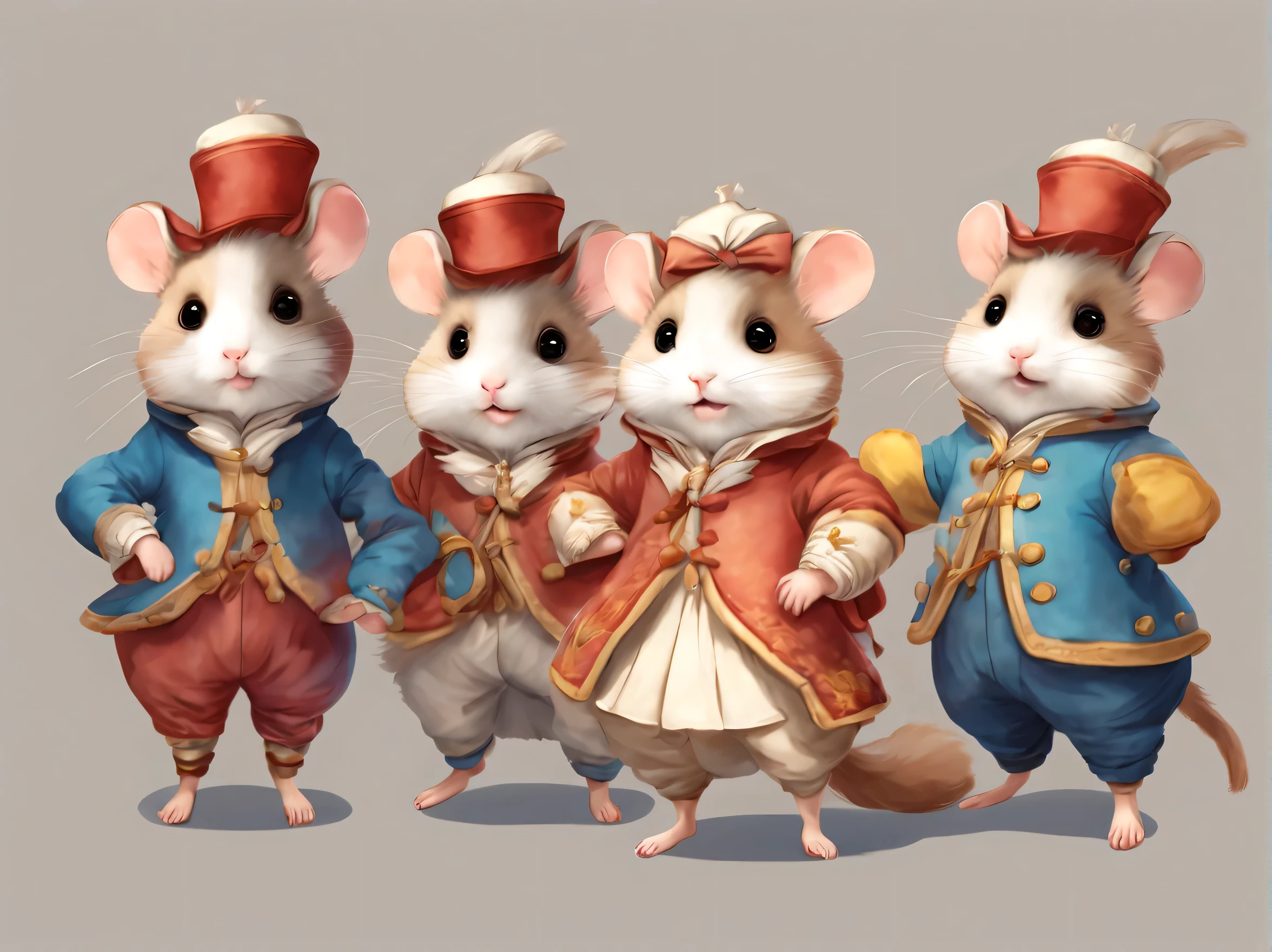 super high quality、super delicate、Original character design body style、、cute anthropomorphic hamster、cute fairy tale characters、Cute hamster wearing a coat、18th century french clothing、colorful colors、((3 views,whole body, background,multiple views,High resolution)).