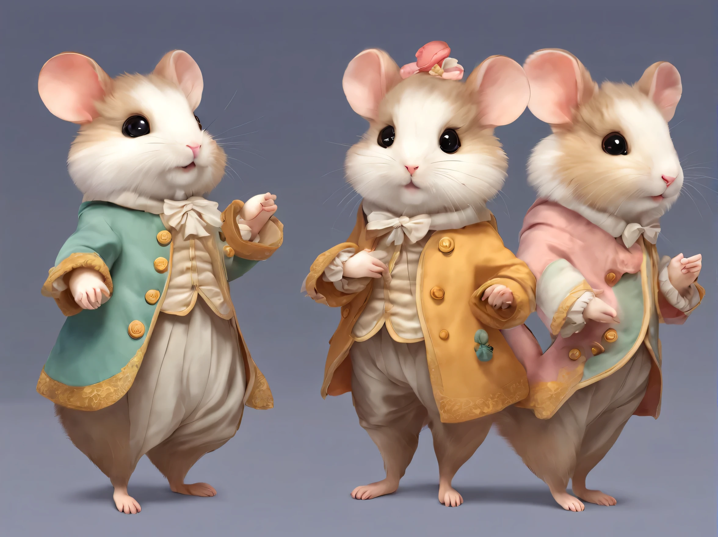 super high quality、super delicate、Original character design body style、、cute anthropomorphic hamster、cute fairy tale characters、Cute hamster wearing a coat、18th century french clothing、colorful colors、((3 views,whole body, background,multiple views,High resolution)).