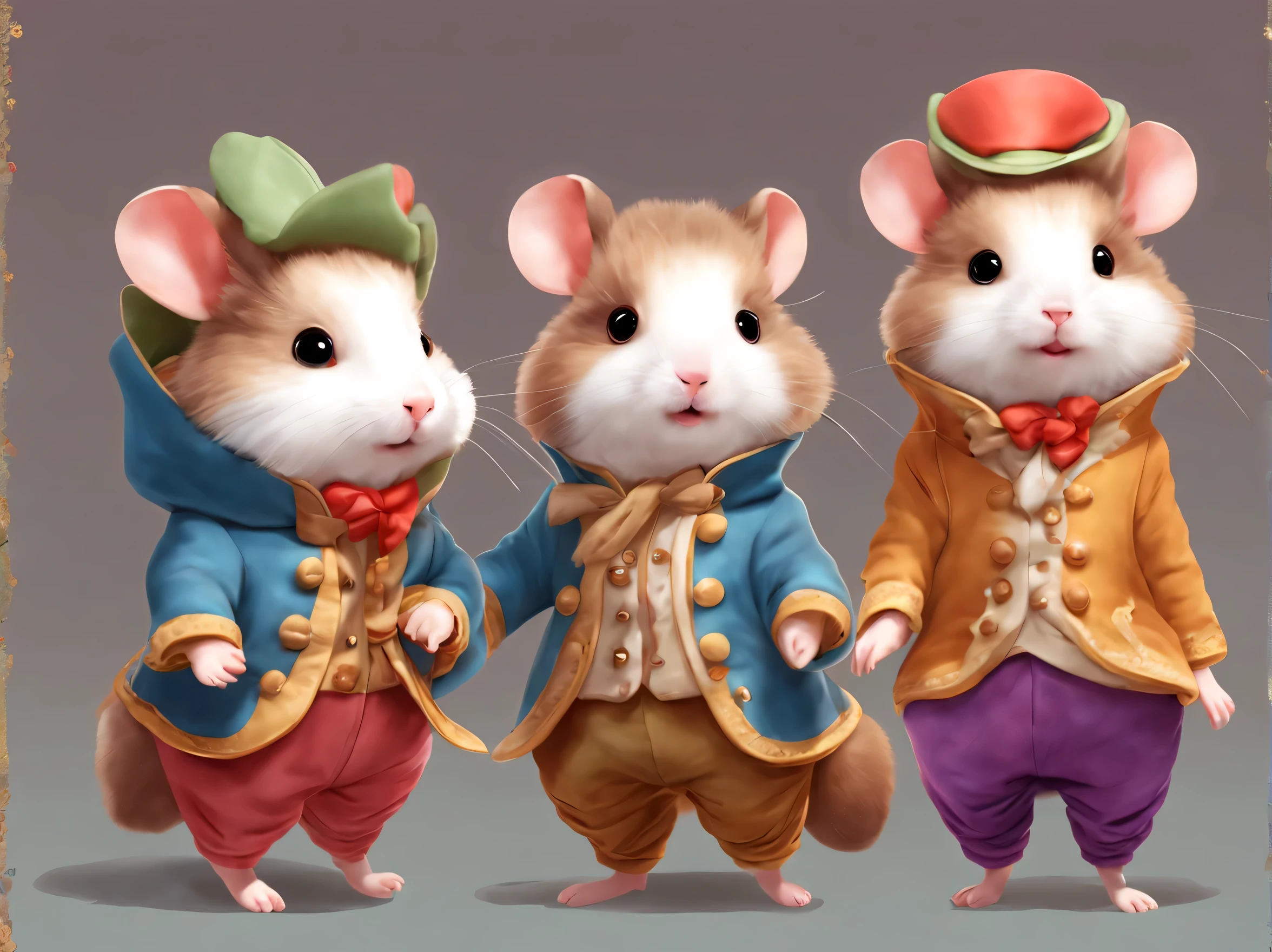 super high quality、super delicate、Original character design body style、、cute anthropomorphic hamster、cute fairy tale characters、Cute hamster wearing a coat、18th century french clothing、colorful colors、((3 views,whole body, background,multiple views,High resolution)).