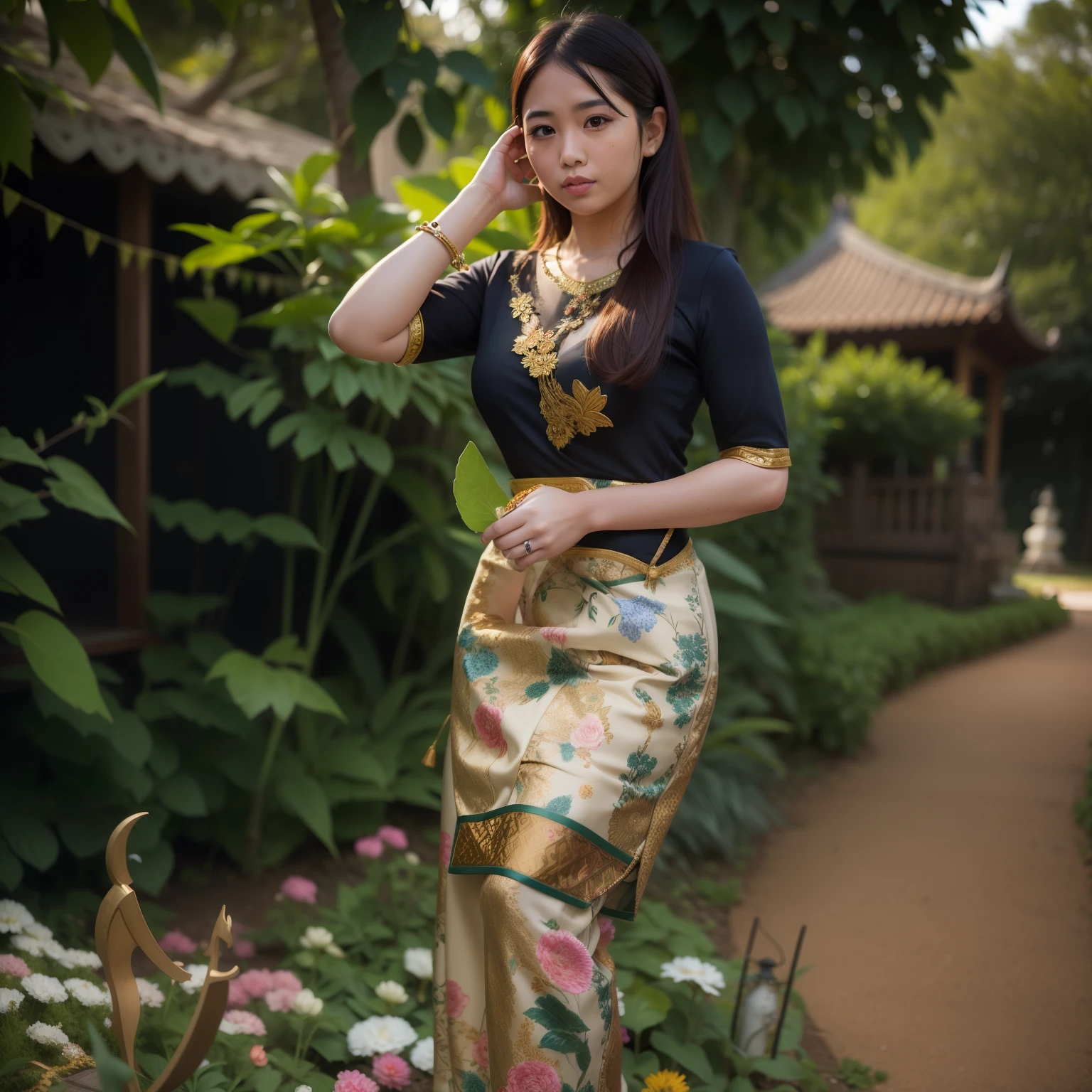 there is a woman standing in a garden with flowers and a phone, sukhothai costume, in the evening, mid shot portrait, traditional beauty, beautiful woman, in style of thawan duchanee, in garden, gorgeous lady, cute woman, full body cute young lady, a young asian woman, asian woman, wearing an elegant tribal outfit, gorgeous woman