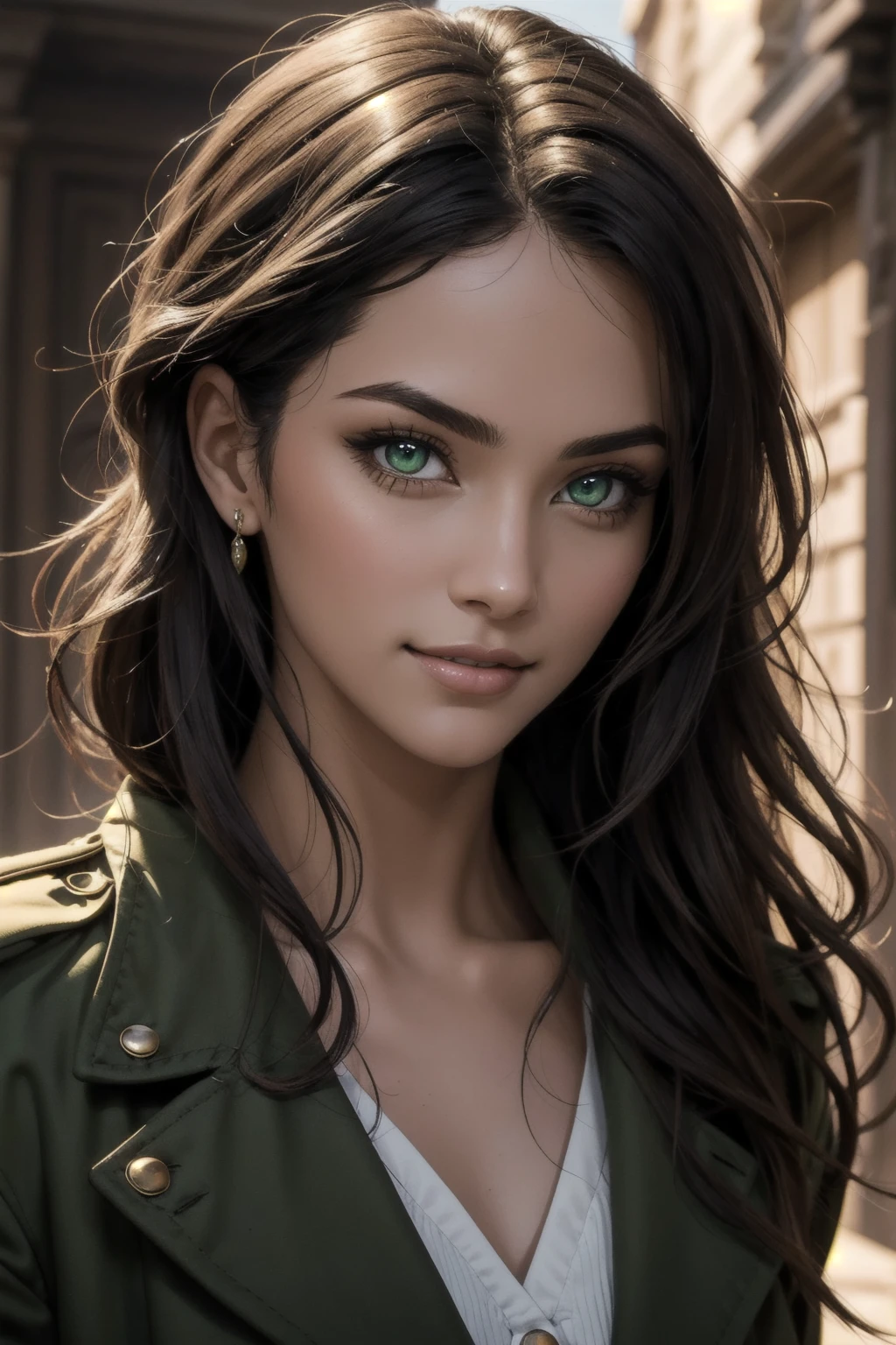 A stunning Indian beauty, with bright green eyes, with dark brown-black long wavy long hair, with mesmerizing feature with a Hopeful smiling expression, finely detailed eyes, happy mood masterpiece, top quality, best quality, official art, beautiful and aesthetic:1.2), (1girl), extreme detailed,(fractal art:1.3), colorful, highest detailed, (masterpiece, best quality:1.3) 1 bright-green-eyed woman, professional digital painting, Unreal Engine 5. Wearing a black-buttoned-up-military-trench coat with a black-star embroidered on the shoulder.

