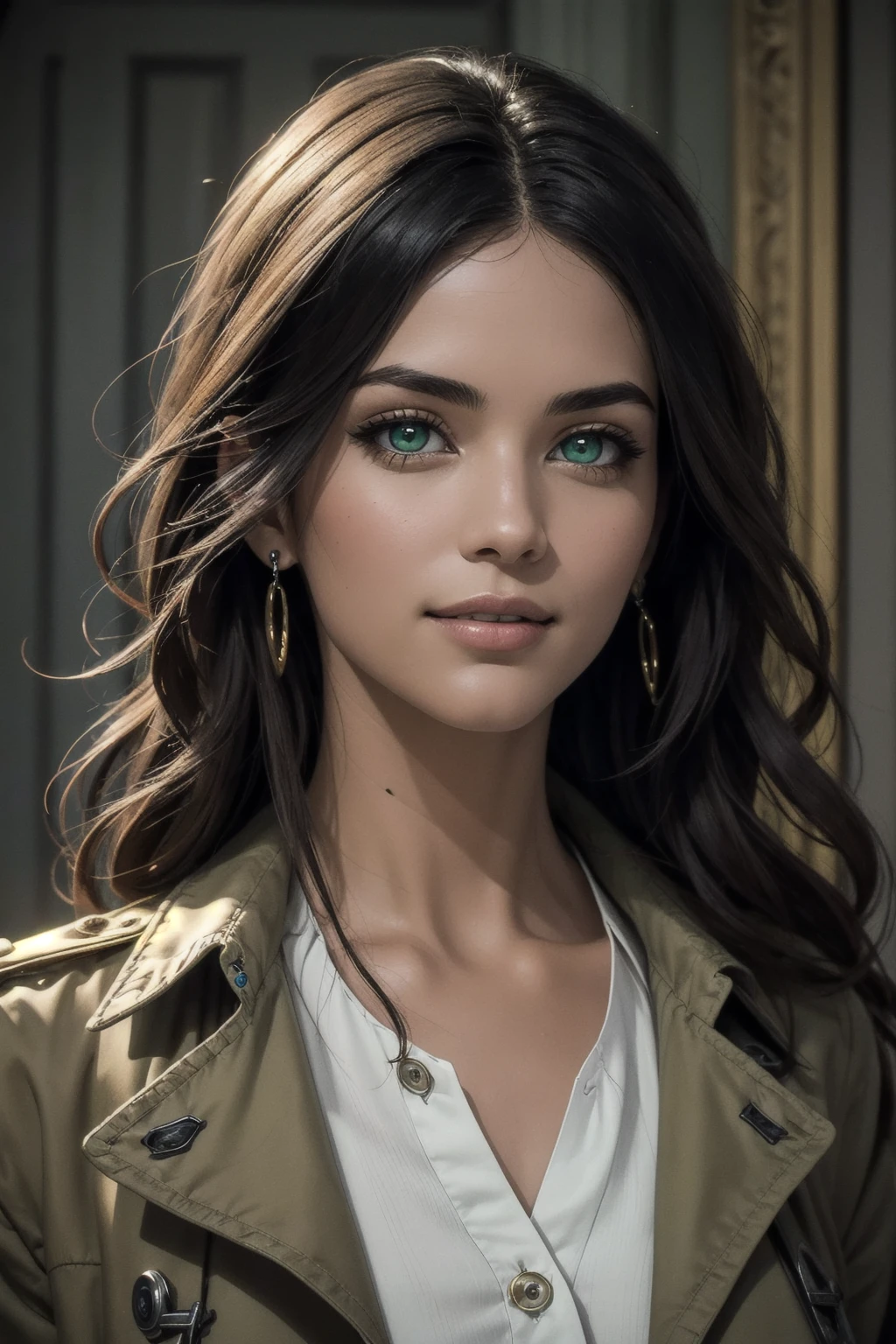 A stunning Indian beauty, with bright green eyes, with dark brown-black long wavy long hair, with mesmerizing feature with a Hopeful smiling expression, finely detailed eyes, happy mood masterpiece, top quality, best quality, official art, beautiful and aesthetic:1.2), (1girl), extreme detailed,(fractal art:1.3), colorful, highest detailed, (masterpiece, best quality:1.3) 1 bright-green-eyed woman, professional digital painting, Unreal Engine 5. Wearing a black-buttoned-up-military-trench coat with a black-star embroidered on the shoulder.
