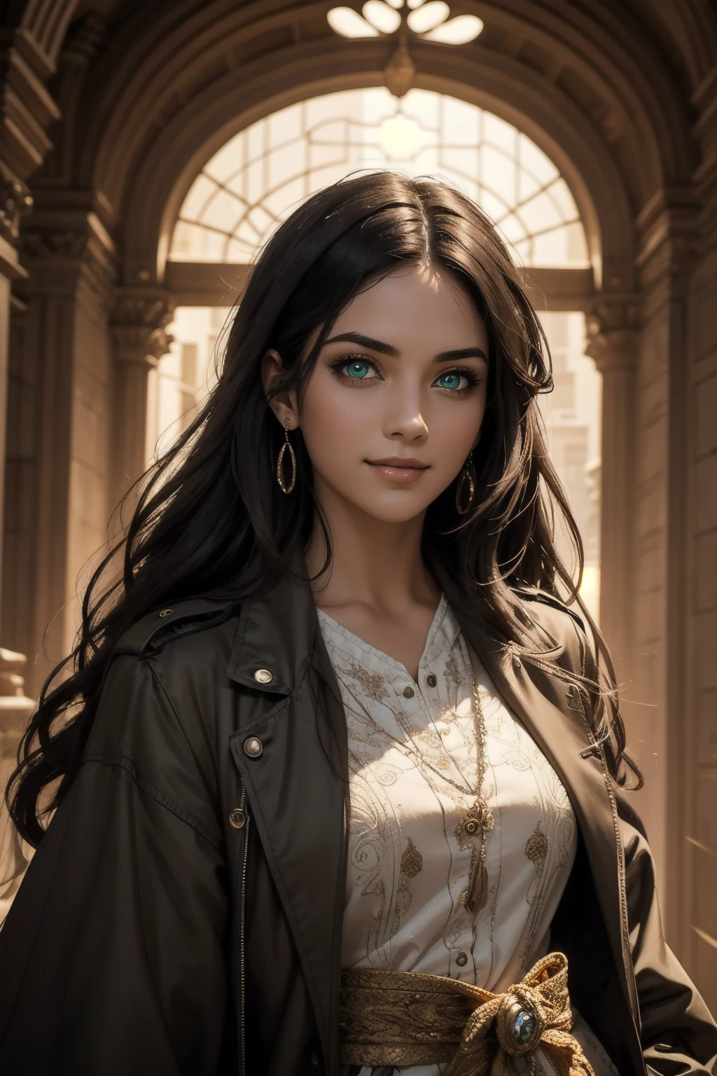 A stunning Indian beauty, with bright green eyes, with dark brown-black long wavy long hair, with mesmerizing feature with a Hopeful smiling expression, finely detailed eyes, happy mood masterpiece, top quality, best quality, official art, beautiful and aesthetic:1.2), (1girl), extreme detailed,(fractal art:1.3), colorful, highest detailed, (masterpiece, best quality:1.3) 1 bright-green-eyed woman, professional digital painting, Unreal Engine 5. Wearing a black-buttoned-up-military-trench coat with a black-star embroidered on the shoulder.

