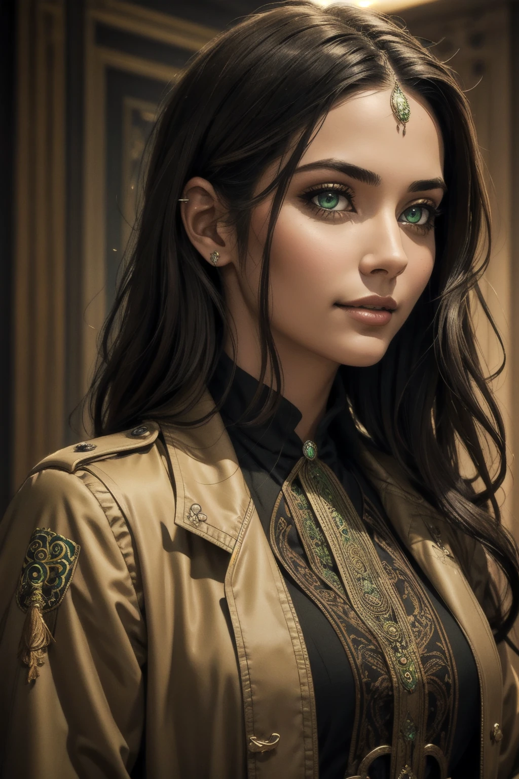 A stunning Indian beauty, with bright green eyes, with dark brown-black long wavy long hair, with mesmerizing feature with a Hopeful smiling expression, finely detailed eyes, happy mood masterpiece, top quality, best quality, official art, beautiful and aesthetic:1.2), (1girl), extreme detailed,(fractal art:1.3), colorful, highest detailed, (masterpiece, best quality:1.3) 1 bright-green-eyed woman, professional digital painting, Unreal Engine 5. Wearing a black-buttoned-up-military-trench coat with a black-star embroidered on the shoulder.
