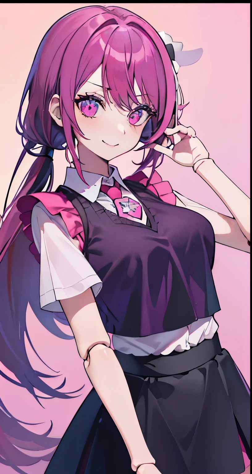 ((Beautiful Beautiful Girl)),red purple big eyes, 1 and slender woman, degree々big breasts, ((glay and pink color hair)),((Half Color long twin tail Hair)),In 8K, top quality, (highly detailed head: 1.0), (very detailed face: 1.0), (highly detailed hair: 1.0),((black vest detective costume)), (black side-open skirt),Detailed official artwork, clean detailed anime art,((A cheeky young lady face)),((Doll joints)),(eyes under mole)