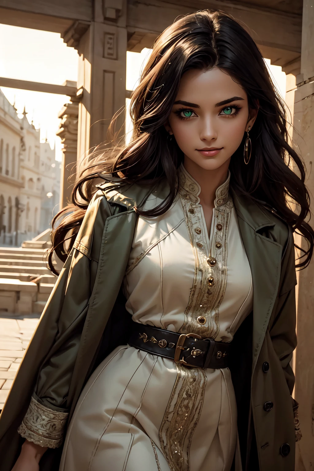 A stunning Indian beauty, with bright green eyes, with dark brown-black long wavy long hair, with mesmerizing feature with a Hopeful smiling expression, finely detailed eyes, happy mood masterpiece, top quality, best quality, official art, beautiful and aesthetic:1.2), (1girl), extreme detailed,(fractal art:1.3), colorful, highest detailed, (masterpiece, best quality:1.3) 1 bright-green-eyed woman, professional digital painting, Unreal Engine 5. Wearing a black-buttoned-up-military-trench coat with a black-star embroidered on the shoulder.
