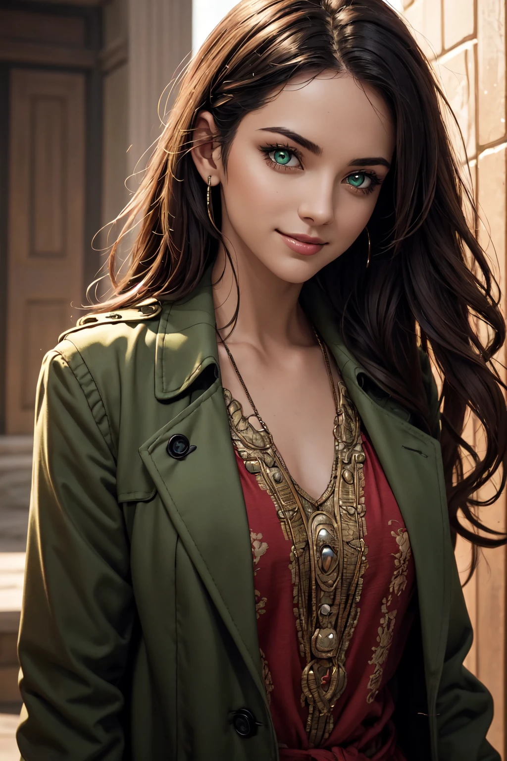 A stunning Indian beauty, with bright green eyes, with dark brown-black long wavy long hair, with mesmerizing feature with a Hopeful smiling expression, finely detailed eyes, happy mood masterpiece, top quality, best quality, official art, beautiful and aesthetic:1.2), (1girl), extreme detailed,(fractal art:1.3), colorful, highest detailed, (masterpiece, best quality:1.3) 1 bright-green-eyed woman, professional digital painting, Unreal Engine 5. Wearing a black-buttoned-up-military-trench coat with a black-star embroidered on the shoulder.
