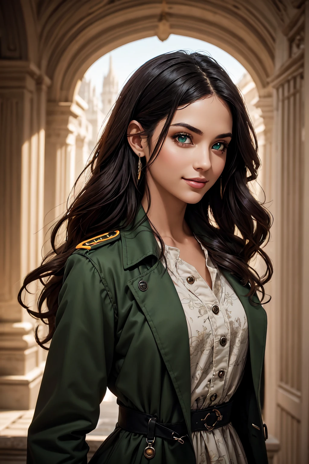 A stunning Indian beauty, with bright green eyes, with dark brown-black long wavy long hair, with mesmerizing feature with a Hopeful smiling expression, finely detailed eyes, happy mood masterpiece, top quality, best quality, official art, beautiful and aesthetic:1.2), (1girl), extreme detailed,(fractal art:1.3), colorful, highest detailed, (masterpiece, best quality:1.3) 1 bright-green-eyed woman, professional digital painting, Unreal Engine 5. Wearing a black-buttoned-up-military-trench coat with a black-star embroidered on the shoulder.
