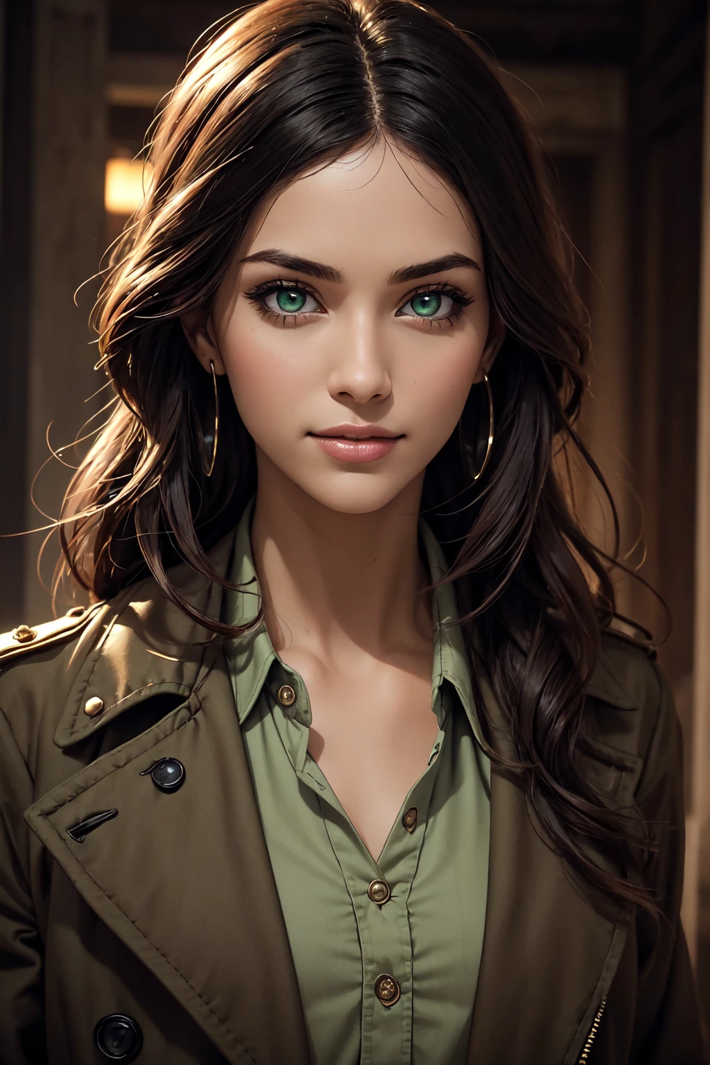 A stunning Indian beauty, with bright green eyes, with dark brown-black long wavy long hair, with mesmerizing feature with a Hopeful smiling expression, finely detailed eyes, happy mood masterpiece, top quality, best quality, official art, beautiful and aesthetic:1.2), (1girl), extreme detailed,(fractal art:1.3), colorful, highest detailed, (masterpiece, best quality:1.3) 1 bright-green-eyed woman, professional digital painting, Unreal Engine 5. Wearing a black-buttoned-up-military-trench coat with a black-star embroidered on the shoulder.
