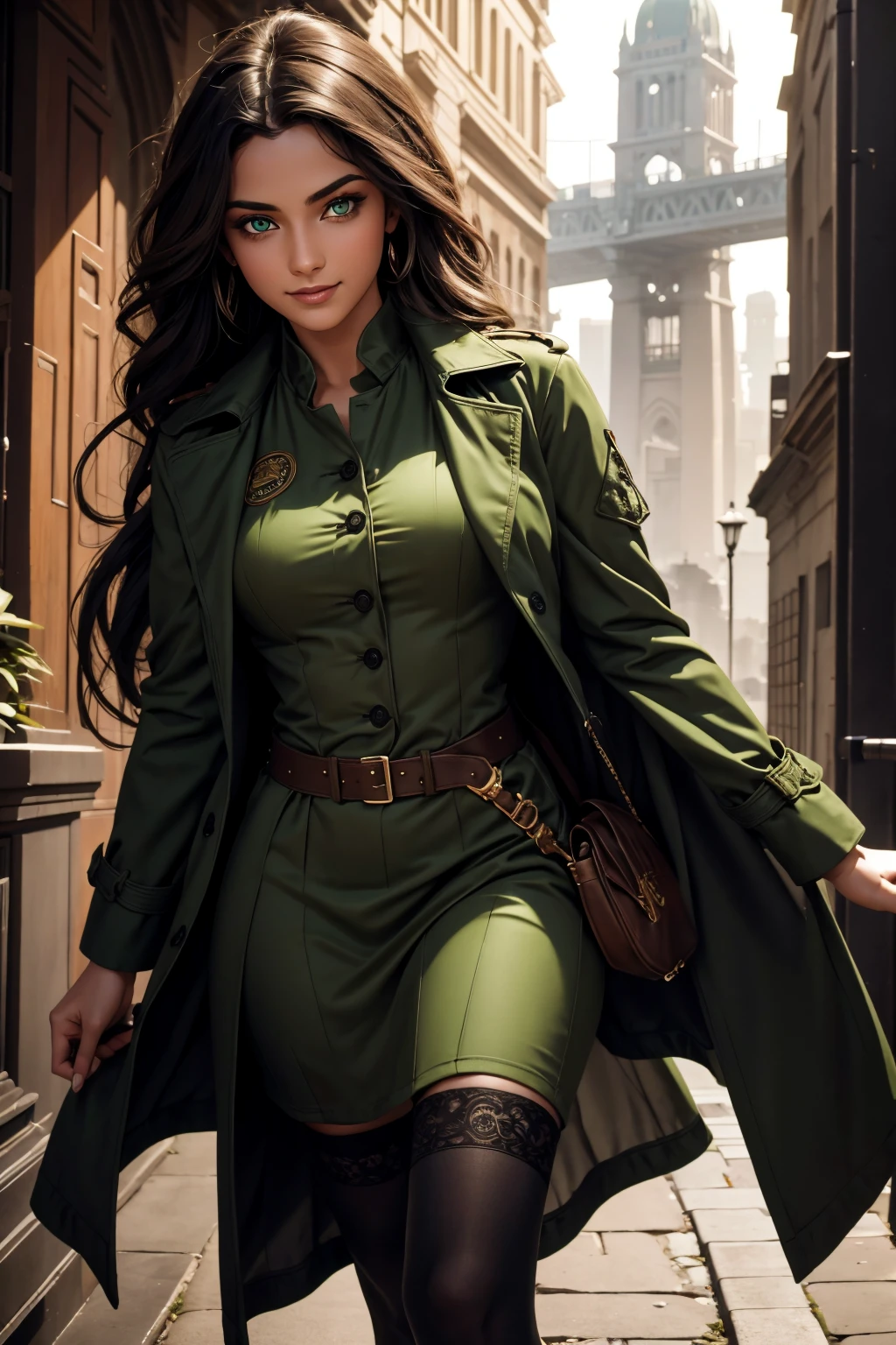 A stunning Indian beauty, with bright green eyes, with dark brown-black long wavy long hair, with mesmerizing feature with a Hopeful smiling expression, finely detailed eyes, happy mood masterpiece, top quality, best quality, official art, beautiful and aesthetic:1.2), (1girl), extreme detailed,(fractal art:1.3), colorful, highest detailed, (masterpiece, best quality:1.3) 1 bright-green-eyed woman, professional digital painting, Unreal Engine 5. Wearing a black-buttoned-up-military-trench coat with a black-star embroidered on the shoulder.
