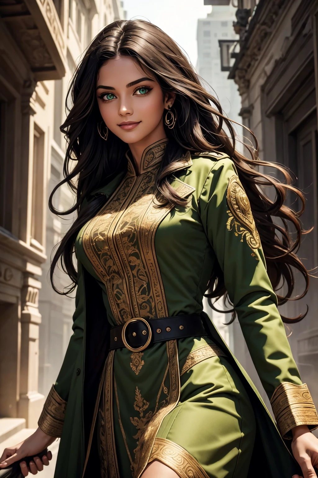 A stunning Indian beauty, with bright green eyes, with dark brown-black long wavy long hair, with mesmerizing feature with a Hopeful smiling expression, finely detailed eyes, happy mood masterpiece, top quality, best quality, official art, beautiful and aesthetic:1.2), (1girl), extreme detailed,(fractal art:1.3), colorful, highest detailed, (masterpiece, best quality:1.3) 1 bright-green-eyed woman, professional digital painting, Unreal Engine 5. Wearing a black-buttoned-up-military-trench coat with a black-star embroidered on the shoulder.
