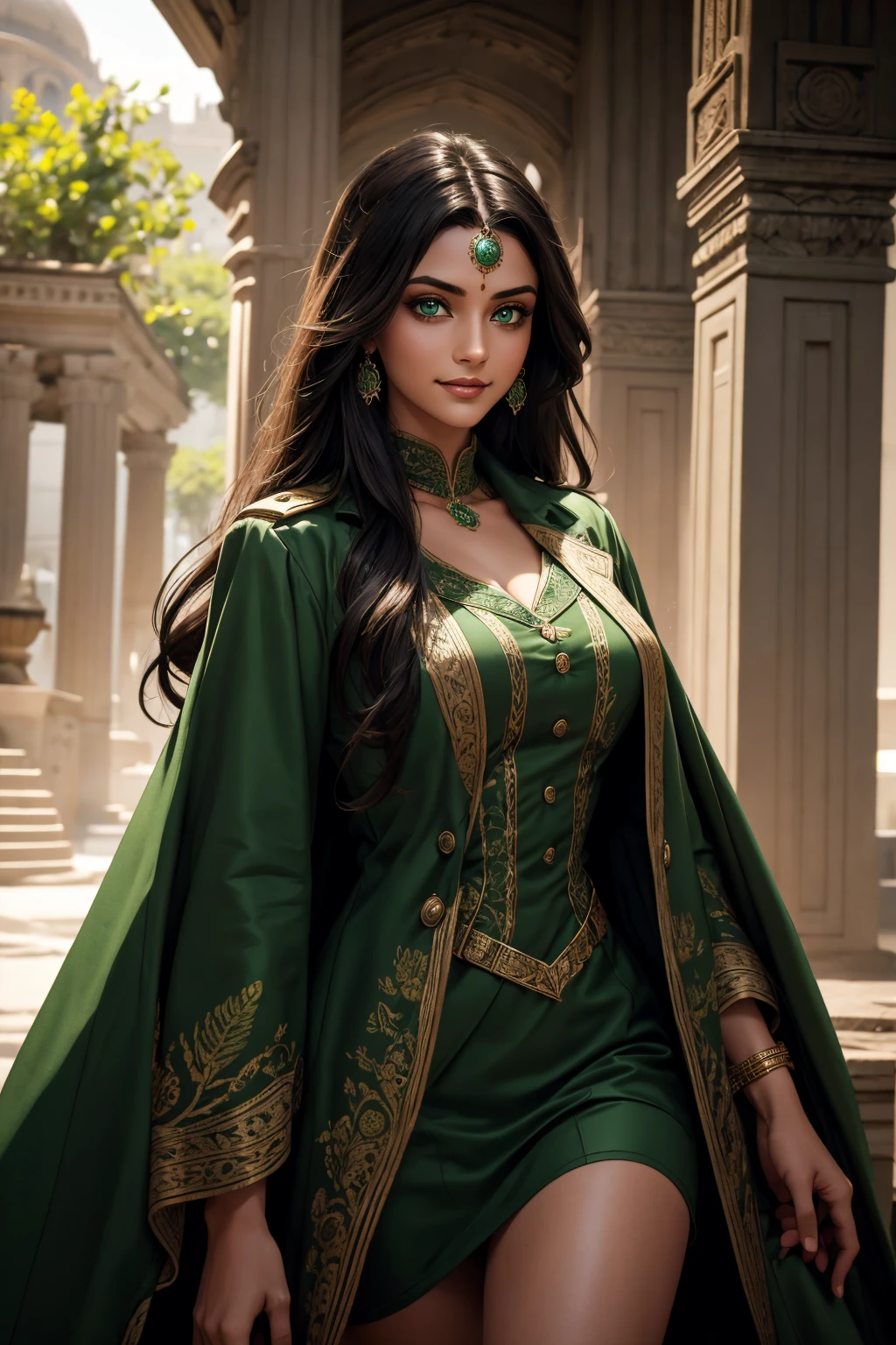 A stunning Indian beauty, with bright green eyes, with dark brown-black long wavy long hair, with mesmerizing feature with a Hopeful smiling expression, finely detailed eyes, happy mood masterpiece, top quality, best quality, official art, beautiful and aesthetic:1.2), (1girl), extreme detailed,(fractal art:1.3), colorful, highest detailed, (masterpiece, best quality:1.3) 1 bright-green-eyed woman, professional digital painting, Unreal Engine 5. Wearing a black-buttoned-up-military-trench coat with a black-star embroidered on the shoulder.
