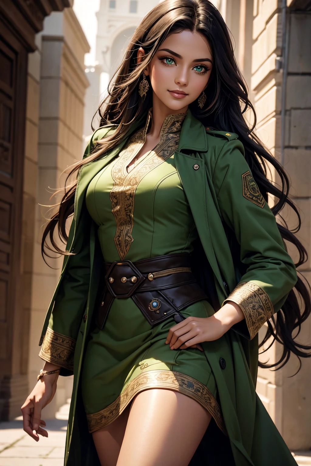 A stunning Indian beauty, with bright green eyes, with dark brown-black long wavy long hair, with mesmerizing feature with a Hopeful smiling expression, finely detailed eyes, happy mood masterpiece, top quality, best quality, official art, beautiful and aesthetic:1.2), (1girl), extreme detailed,(fractal art:1.3), colorful, highest detailed, (masterpiece, best quality:1.3) 1 bright-green-eyed woman, professional digital painting, Unreal Engine 5. Wearing a black-buttoned-up-military-trench coat with a black-star embroidered on the shoulder.
