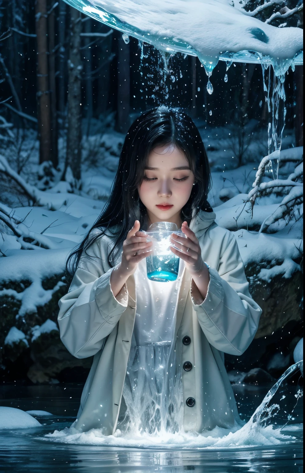 a girl in snowy fluffy clothes, in a snowy forest, with a long wavy black hair, waterbending, playing with water, magic water, water floating, avatar, happy, a lot of water, floating water magic, holding a liquid, in style of cyril rolando, emanating magic from her palms,