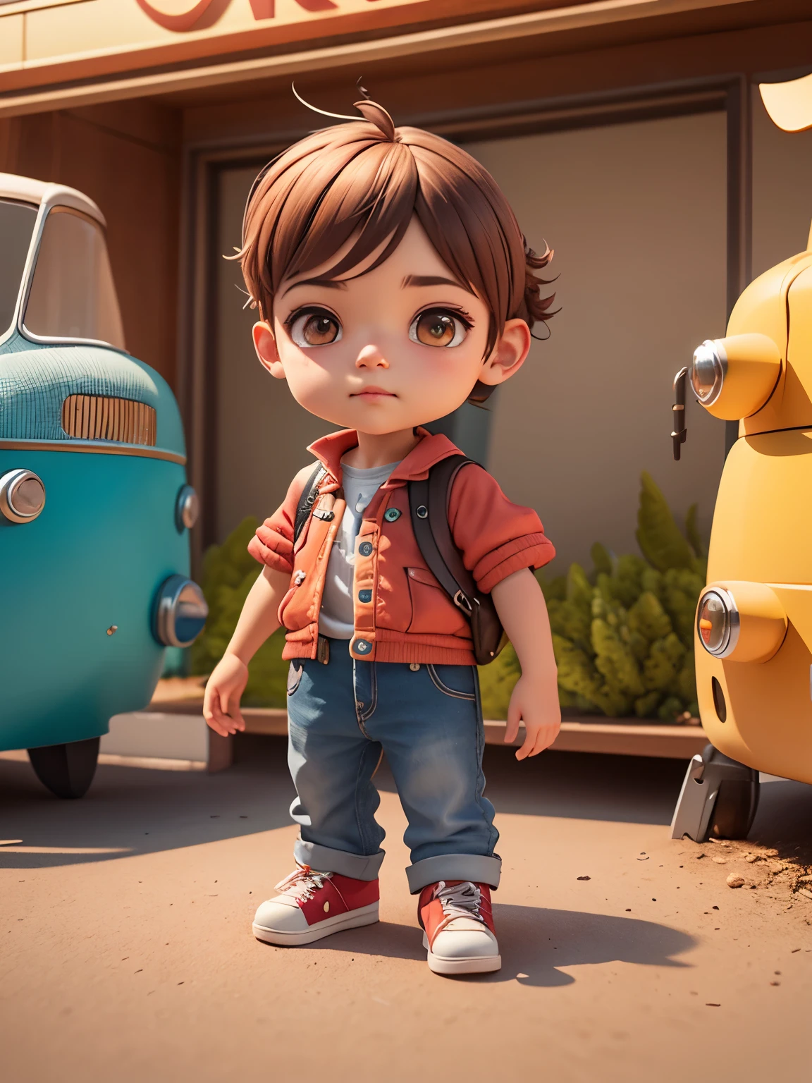 Menino cadeirante,cabelo preto 3d pixar fofo,Little hero,olhando para cima,in an amusement park,Cute anime boy 3d rendering, arte digital detalhada fofa, Explorador masculino mini garoto fofo, Stylized 3D rendering, Arte de personagem renderizada em 3D 8k, linda pintura digital, Estilo 3D pixar, super detailed rendering