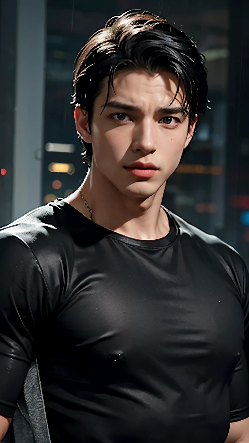 Young Bruce Wayne man black hair, big muscular body, in black t-shirt, in night rain