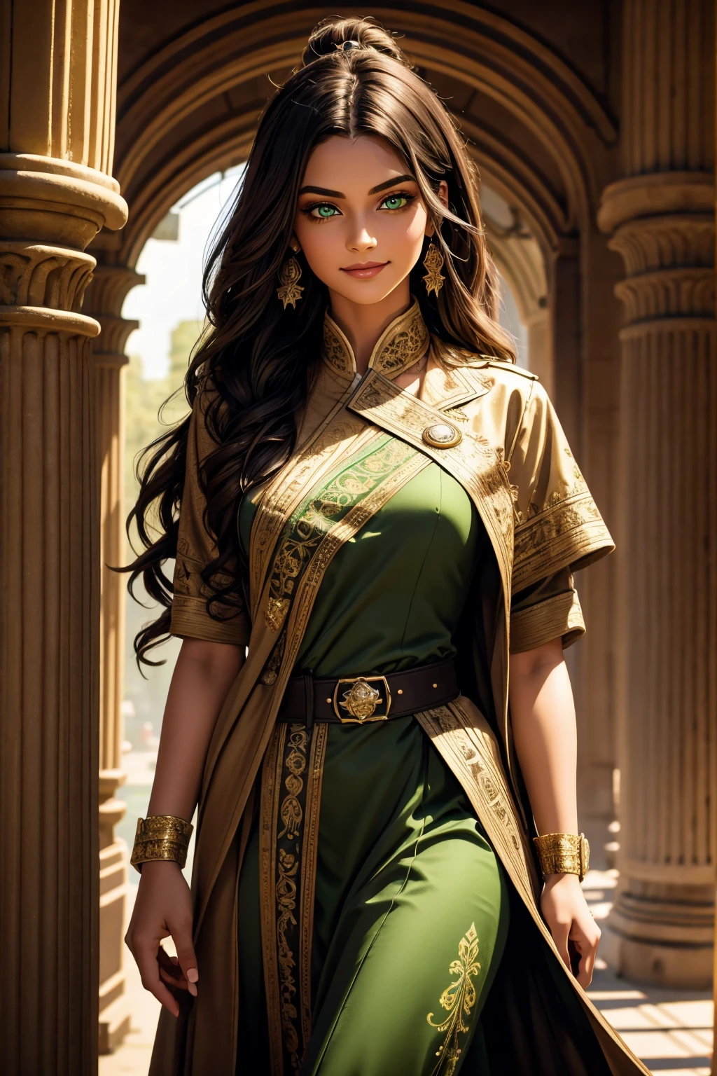 A stunning Indian beauty, with bright green eyes, with dark brown-black long wavy long hair, with mesmerizing feature with a Hopeful smiling expression, finely detailed eyes, happy mood masterpiece, top quality, best quality, official art, beautiful and aesthetic:1.2), (1girl), extreme detailed,(fractal art:1.3), colorful, highest detailed, (masterpiece, best quality:1.3) 1 bright-green-eyed woman, professional digital painting, Unreal Engine 5. Wearing a black-buttoned-up-military-trench coat with a black-star embroidered on the shoulder.
