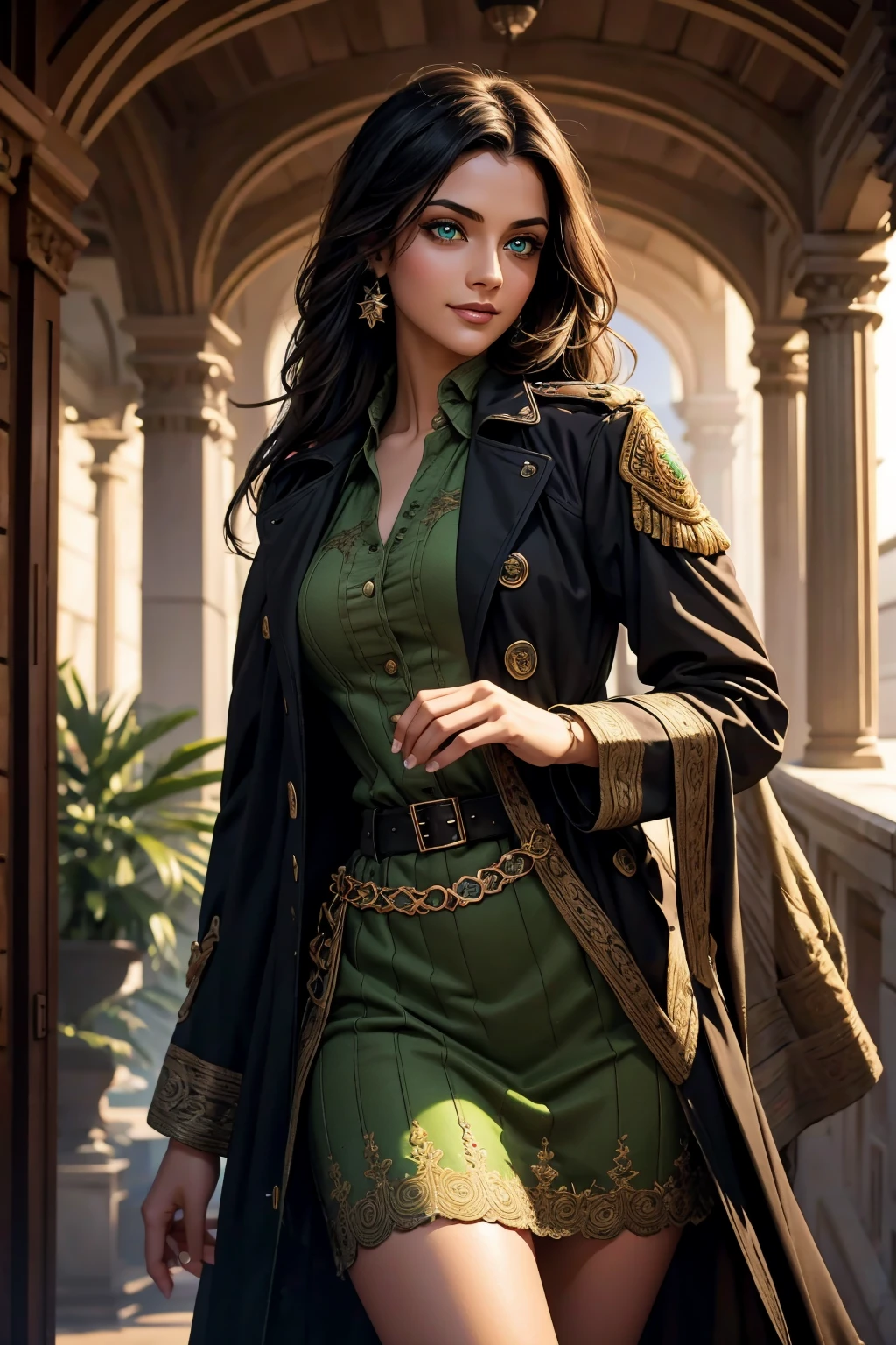 A stunning Indian beauty, with bright green eyes, with dark brown-black long wavy long hair, with mesmerizing feature with a Hopeful smiling expression, finely detailed eyes, happy mood masterpiece, top quality, best quality, official art, beautiful and aesthetic:1.2), (1girl), extreme detailed,(fractal art:1.3), colorful, highest detailed, (masterpiece, best quality:1.3) 1 bright-green-eyed woman, professional digital painting, Unreal Engine 5. Wearing a black-buttoned-up-military-trench coat with a black-star embroidered on the shoulder.
