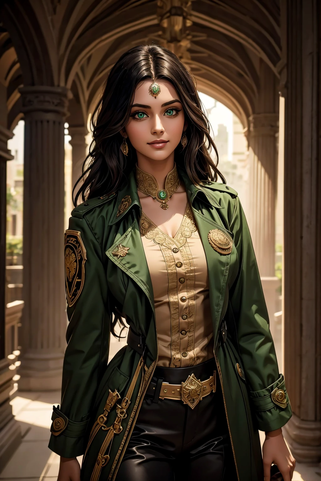 A stunning Indian beauty, with bright green eyes, with dark brown-black long wavy long hair, with mesmerizing feature with a Hopeful smiling expression, finely detailed eyes, happy mood masterpiece, top quality, best quality, official art, beautiful and aesthetic:1.2), (1girl), extreme detailed,(fractal art:1.3), colorful, highest detailed, (masterpiece, best quality:1.3) 1 bright-green-eyed woman, professional digital painting, Unreal Engine 5. Wearing a black-buttoned-up-military-trench coat with a black-star embroidered on the shoulder.
