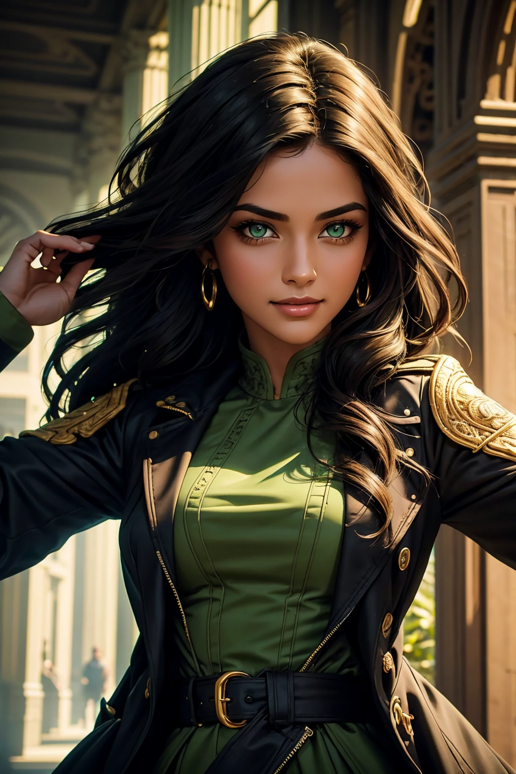 A stunning Indian beauty, with bright green eyes, with dark brown-black long wavy long hair, with mesmerizing feature with a Hopeful smiling expression, finely detailed eyes, happy mood masterpiece, top quality, best quality, official art, beautiful and aesthetic:1.2), (1girl), extreme detailed,(fractal art:1.3), colorful, highest detailed, (masterpiece, best quality:1.3) 1 bright-green-eyed woman, professional digital painting, Unreal Engine 5. Wearing a black-buttoned-up-military-trench coat with a black-star embroidered on the shoulder.
