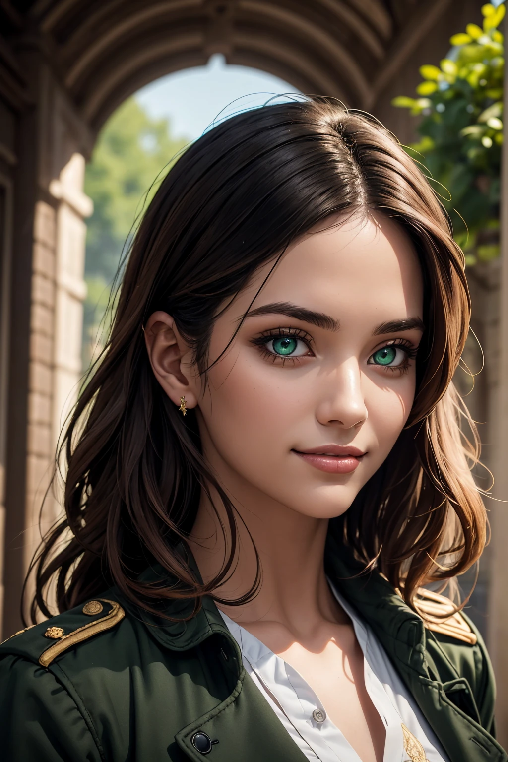 A stunning Indian beauty, with bright green eyes, with dark brown-black long wavy long hair, with mesmerizing feature with a Hopeful smiling expression, finely detailed eyes, happy mood masterpiece, top quality, best quality, official art, beautiful and aesthetic:1.2), (1girl), extreme detailed,(fractal art:1.3), colorful, highest detailed, (masterpiece, best quality:1.3) 1 bright-green-eyed woman, professional digital painting, Unreal Engine 5. Wearing a black-buttoned-up-military-trench coat with a black-star embroidered on the shoulder.
