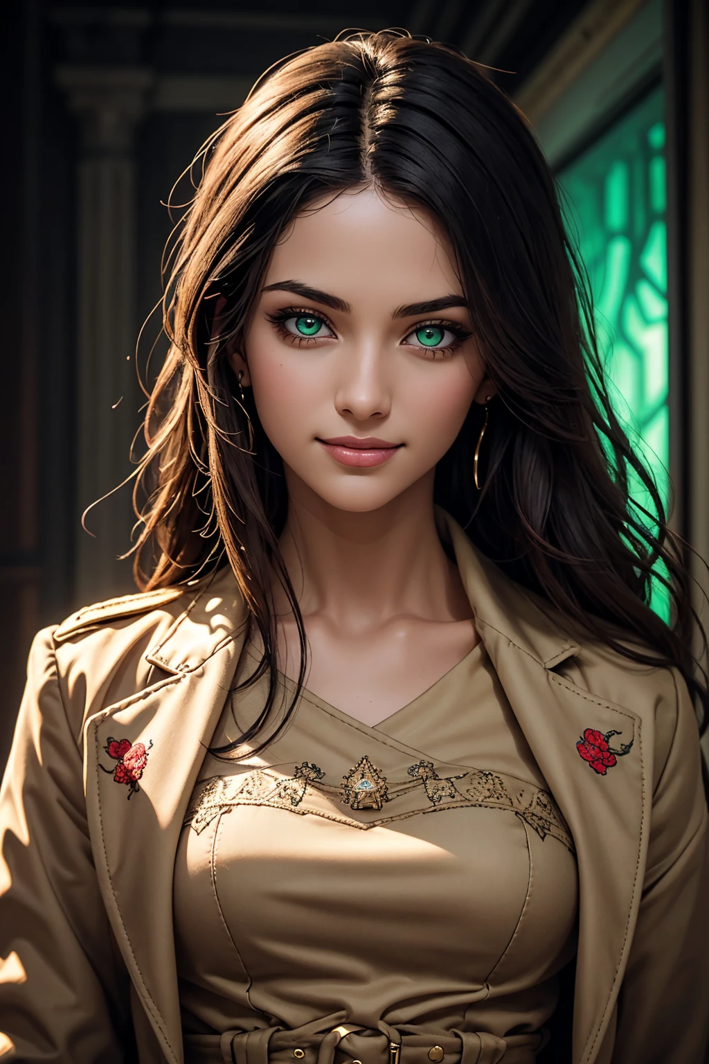 A stunning Indian beauty, with bright green eyes, with dark brown-black long wavy long hair, with mesmerizing feature with a Hopeful smiling expression, finely detailed eyes, happy mood masterpiece, top quality, best quality, official art, beautiful and aesthetic:1.2), (1girl), extreme detailed,(fractal art:1.3), colorful, highest detailed, (masterpiece, best quality:1.3) 1 bright-green-eyed woman, professional digital painting, Unreal Engine 5. Wearing a black-buttoned-up-military-trench coat with a black-star embroidered on the shoulder.
