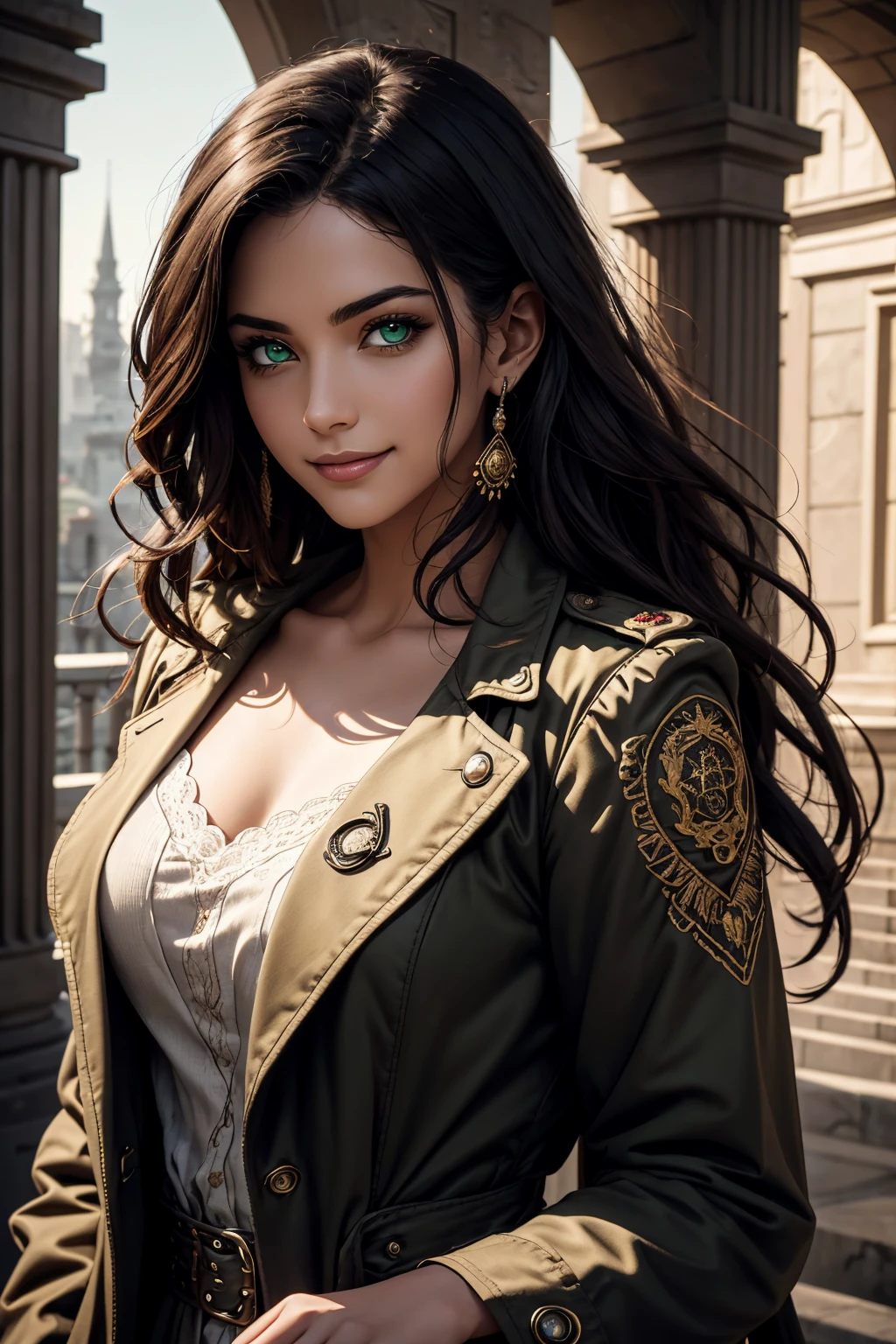 A stunning Indian beauty, with bright green eyes, with dark brown-black long wavy long hair, with mesmerizing feature with a Hopeful smiling expression, finely detailed eyes, happy mood masterpiece, top quality, best quality, official art, beautiful and aesthetic:1.2), (1girl), extreme detailed,(fractal art:1.3), colorful, highest detailed, (masterpiece, best quality:1.3) 1 bright-green-eyed woman, professional digital painting, Unreal Engine 5. Wearing a black-buttoned-up-military-trench coat with a black-star embroidered on the shoulder.
