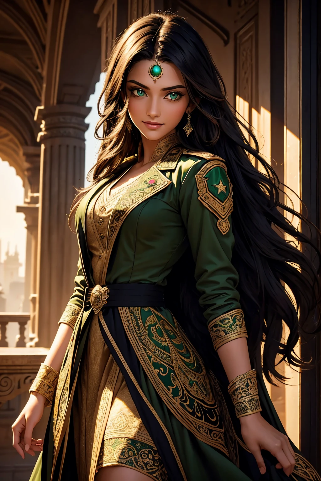 A stunning Indian beauty, with bright green eyes, with dark brown-black long wavy long hair, with mesmerizing feature with a Hopeful smiling expression, finely detailed eyes, happy mood masterpiece, top quality, best quality, official art, beautiful and aesthetic:1.2), (1girl), extreme detailed,(fractal art:1.3), colorful, highest detailed, (masterpiece, best quality:1.3) 1 bright-green-eyed woman, professional digital painting, Unreal Engine 5. Wearing a black-buttoned-up-military-trench coat with a black-star embroidered on the shoulder.
