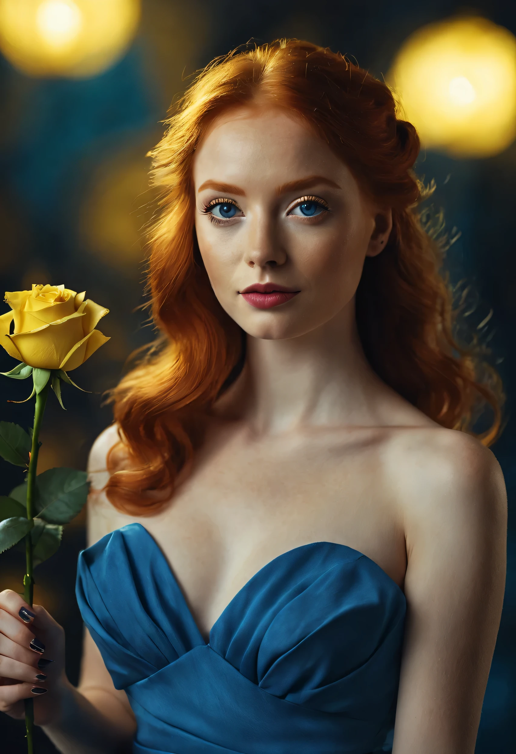 Ruzsa Maya the 25 years old, blue eyed, redhead, ginger woman wears a blue and yellow cocktail dress, holding a rose in hand. Cinematic lightening, lifelike, wide picture.