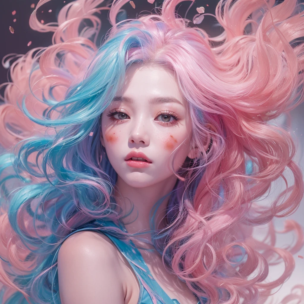 Goose pink blue color,enamel,agate,A flesh-colored world,Blood Blue Girl 32K(masterpiece,HD,Aoyama Pond,Ultra high quality,32)long flowing bright blue hair,blood pool,Ziddink, a color,Grumpy (After greeting), (Linen scarf), fighting stance, looking at the ground, Goose pink long hair, Floating bright blue, Fire cloud gold headdress, Chinese long-sleeved gold silk burgundy garment, (Abstract metaverse splash:1.2), White background,Peony flower vitality protector(粉realisticlying:1.4),bright purple hair,Smoke on the road,The background is very pure, high resolution, detail, RAW photos, Sharp Re, Nikon D850 film photo by Jefferies Lee 4 Kodak Portra 400 camera F1.6 guns, Rich pink shade, Ultra-realistic and vivid textures, dramatic lighting, Unreal Engine Art Station Trend, Sinest Powder 800,一个有着long flowing bright blue hair的女孩,Huge colorful bubbles鹅粉黄