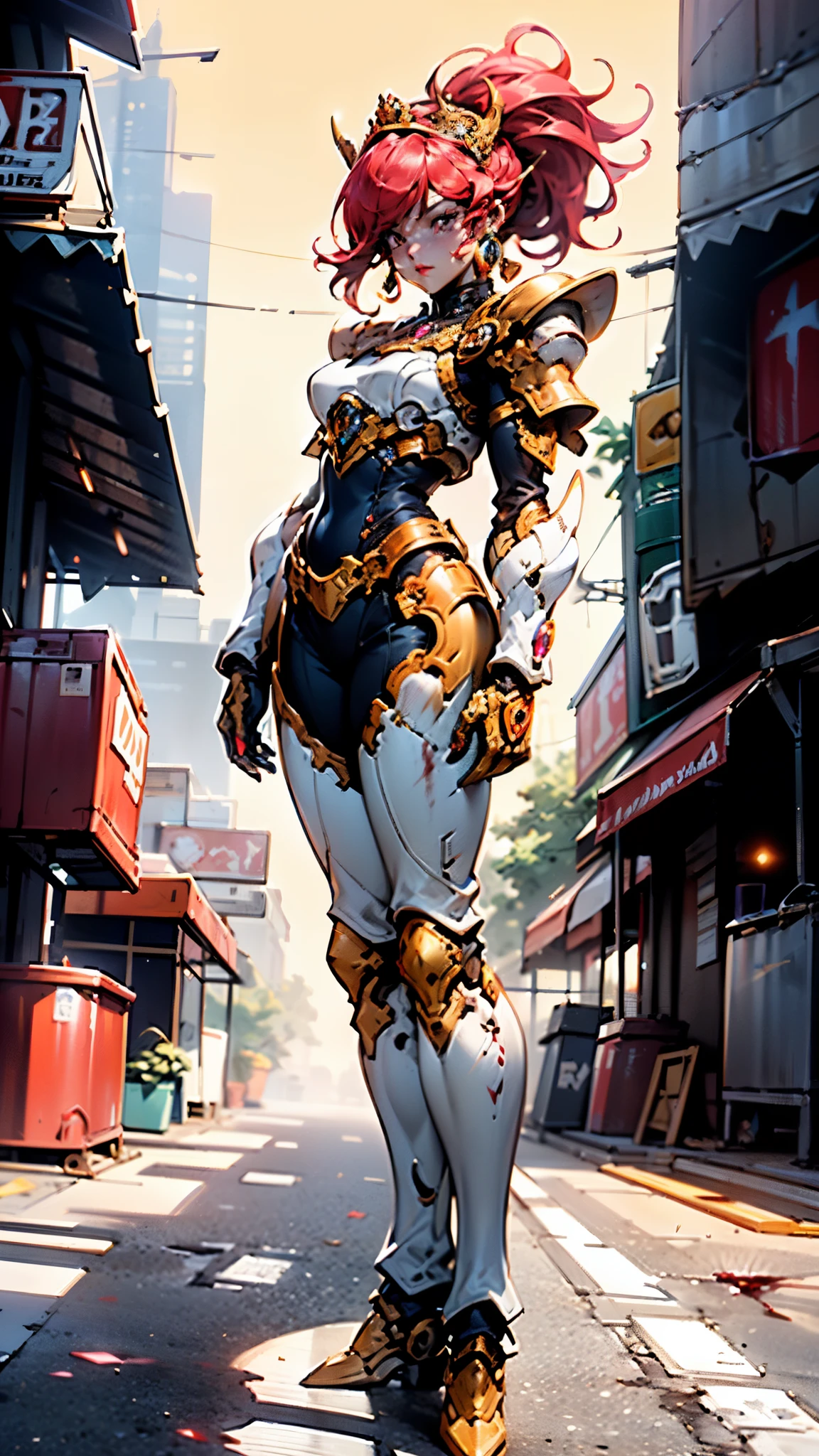 A woman adorned in fantasy-style full-body armor, a crown-concept fully enclosed helmet that unveils only her eyes, a composite layered chest plate, fully encompassing shoulder and hand guards, a lightweight waist armor, form-fitting shin guards, the overall design is heavy-duty yet flexible, ((the armor gleams with a golden glow, complemented by red and blue accents)), exhibiting a noble aura, she floats above a fantasy-surreal high-tech city, this character embodies a finely crafted fantasy-surreal style armored hero in anime style, exquisite and mature manga art style, (Queen bee mixed with Spider concept Armor, plasma, blood), ((Element, energy, elegant, goddess, femminine:1.5)), metallic, high definition, best quality, highres, ultra-detailed, ultra-fine painting, extremely delicate, professional, anatomically correct, symmetrical face, extremely detailed eyes and face, high quality eyes, creativity, RAW photo, UHD, 32k, Natural light, cinematic lighting, masterpiece-anatomy-perfect, masterpiece:1.5