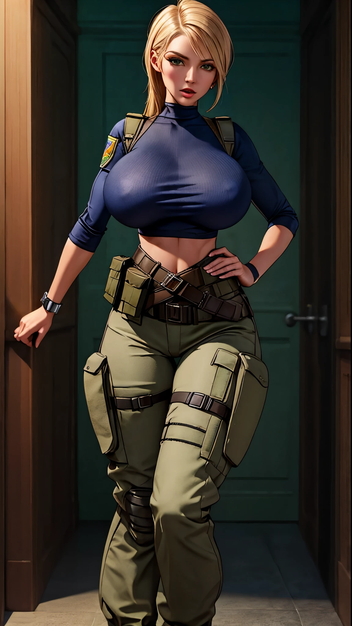 Sexy Woman Big Breasts Athletic Body Nude Tactical Belt Pants Military Green NSFW