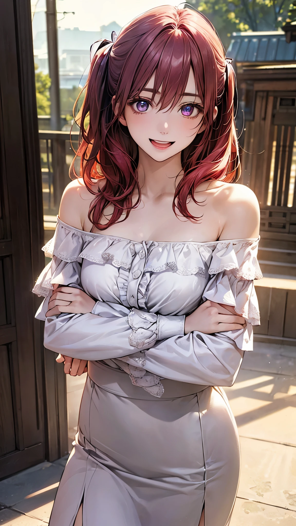 (8K, Raw photo, Best Quality, masterpiece:1.2), high-definition RAW color photography, professional photography, upper body shot, (Realistic, photograph realistic:1.37), ((Best Quality)), 17-year-old woman, Russian model, Cinematic Light, (finely detailed face:1.2), (masterpiece:1.5), (Best Quality:1.2), (Smiling:0.9), (Looking at Viewer:1.2), ((detailed dress and big detailed belt)), beautiful shaped breasts, perfect female body, slander body, random pose, dynamic angle, depth of field, red hair, ponytail, green eyes, detailed eyes, smile, close to the face,