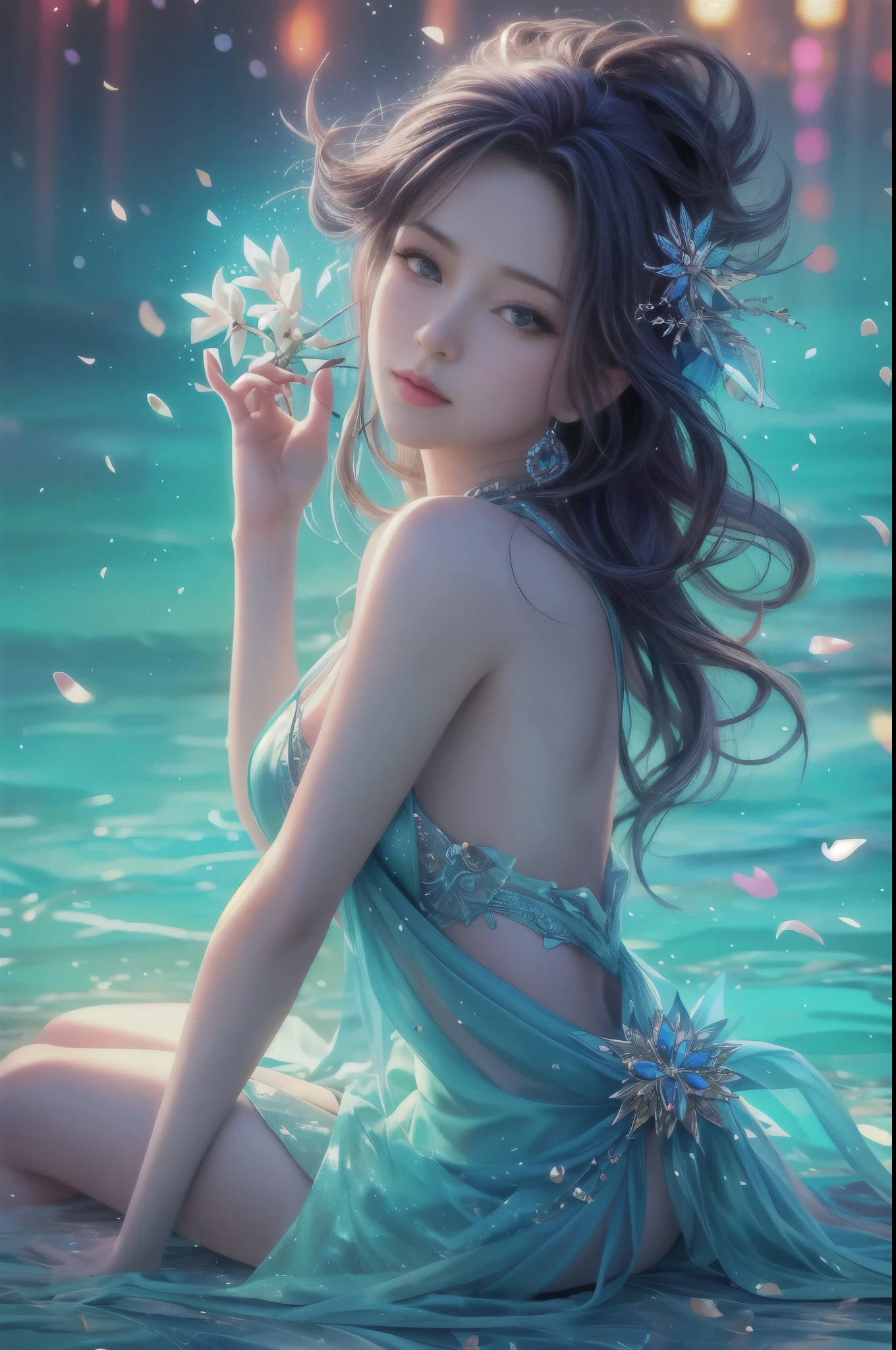 (best quality, realistic, photo-realistic:1.37), vibrant colors, smooth curves, sensual pose, soft lighting, anime-style, long flowing hair, detailed eyes and lips, alluring gaze, intricate clothing, fantasy backdrop, dreamy atmosphere.