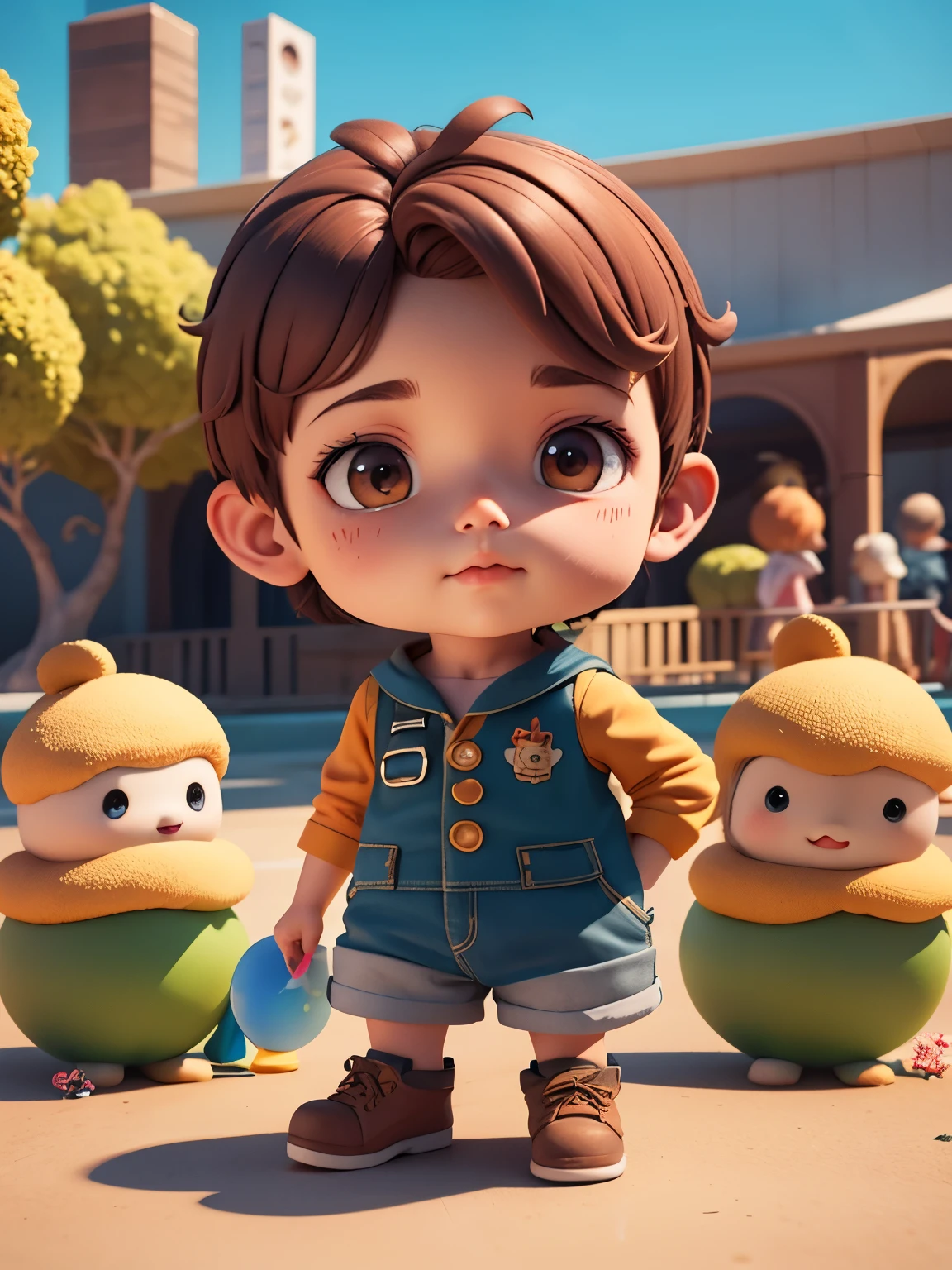 Menino cadeirante,cabelo preto  3d pixar fofo,Little hero,olhando para cima,in an amusement park,Cute anime boy 3d rendering, arte digital detalhada fofa, Explorador masculino mini garoto fofo, Stylized 3D rendering, Arte de personagem renderizada em 3D 8k, linda pintura digital, Estilo 3D pixar, super detailed rendering