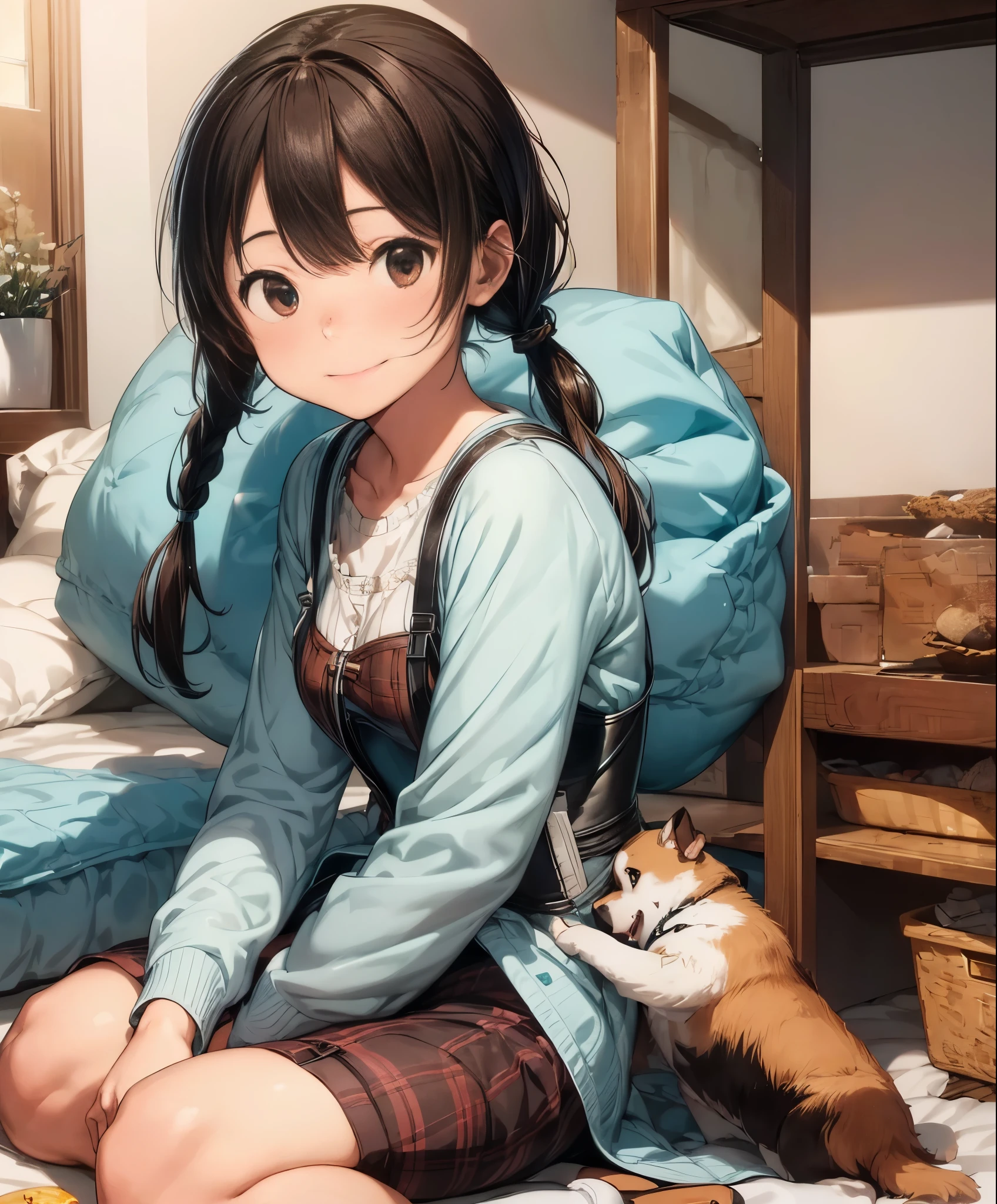 (masterpiece、highest quality、highest quality、official art、beautiful beautiful:1.2)、(1 girl:1.3)Hatsune Miku、twin tails,((brown hair)),((With bangs)),((short braided hair)),((Pigtails)),((brown eyes)),(warm long-sleeved clothes for winter),(plaid shorts),((corset)),((Surrounded by over 10 dogs)),(hugging dog),some red tide,(Smile),((the eyes are on the dog)),A room filled with warm light,
