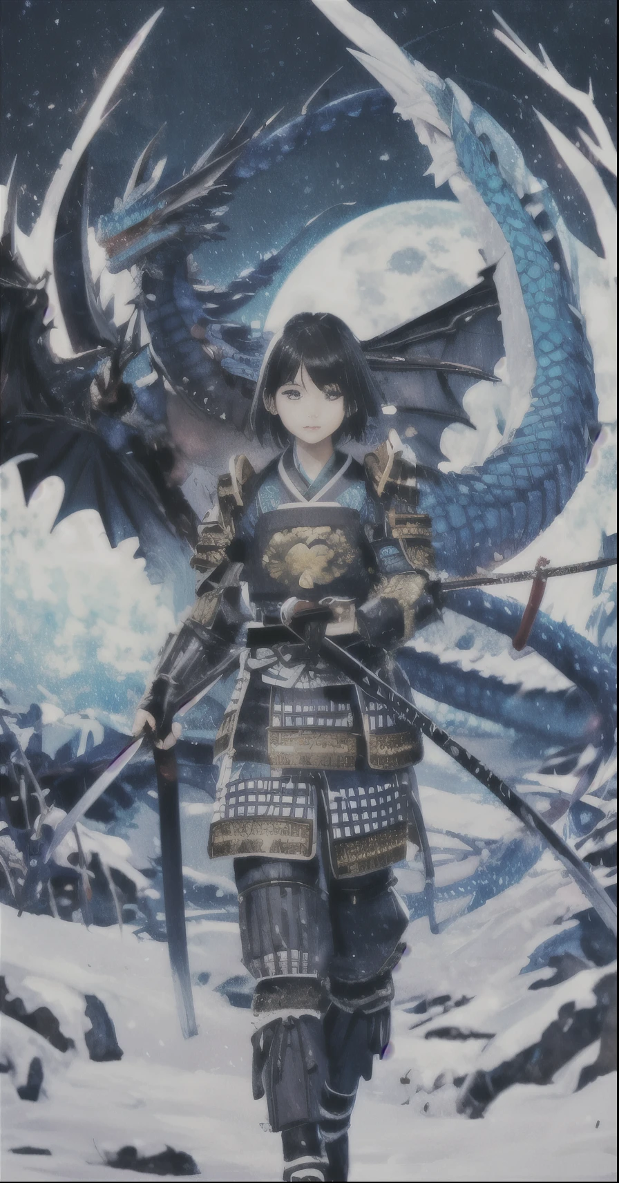 woman、kimono、Blue Armor、personification of blue dragon、full moon、ball of light、Japanese sword、short black hair、follow the dragon、Highest image quality、Rin々New、cool、