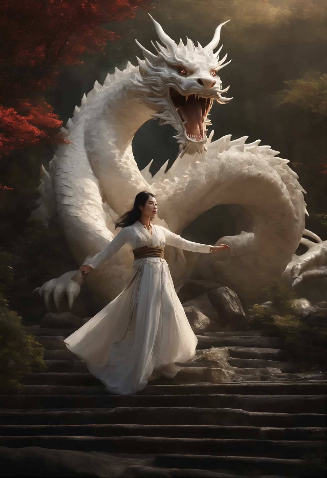 Asian-style white dragon flying around a mysterious waterfall、The white dragon's body is long and undulating like a large snake, and a jewel is held in his right hand.、He roars with magnificent horns and a beard on his head.、Cat-eared girl who challenges the white dragon、[Object Object], (detailed facial features:1.3), (Raw photo, 16 K, masutepiece, Best Quality: 1.2), (ultra-realism, Ultra-dense and complex realism: 1.3), (Wide depth of field, Radiation Mapping, Ray tracing, god rays: 1.2), High dynamic range, Vivid, Rich details, Clear shadows and highlights, Realistic, Formidable, Increased contrast, Cat-eared girl in Japanese clothes fighting a white dragon in a mysterious waterfall、