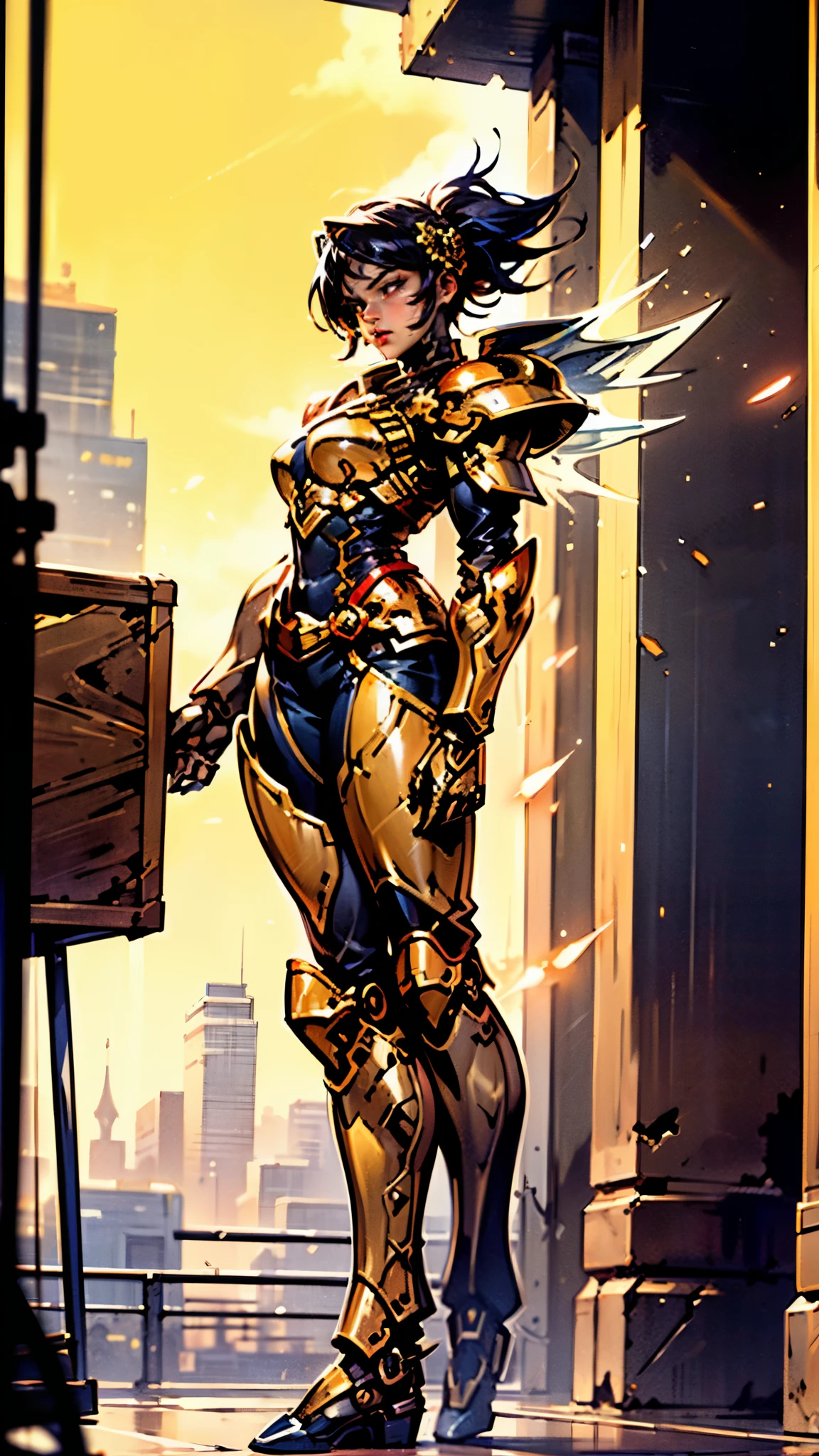 A woman adorned in fantasy-style full-body armor, a crown-concept fully enclosed helmet that unveils only her eyes, a composite layered chest plate, fully encompassing shoulder and hand guards, a lightweight waist armor, form-fitting shin guards, the overall design is heavy-duty yet flexible, ((the armor gleams with a golden glow, complemented by red and blue accents)), exhibiting a noble aura, she floats above a fantasy-surreal high-tech city, this character embodies a finely crafted fantasy-surreal style armored hero in anime style, exquisite and mature manga art style, (Queen bee mixed with Spider concept Armor, plasma, blood), ((Element, energy, elegant, goddess, femminine:1.5)), metallic, high definition, best quality, highres, ultra-detailed, ultra-fine painting, extremely delicate, professional, anatomically correct, symmetrical face, extremely detailed eyes and face, high quality eyes, creativity, RAW photo, UHD, 32k, Natural light, cinematic lighting, masterpiece-anatomy-perfect, masterpiece:1.5