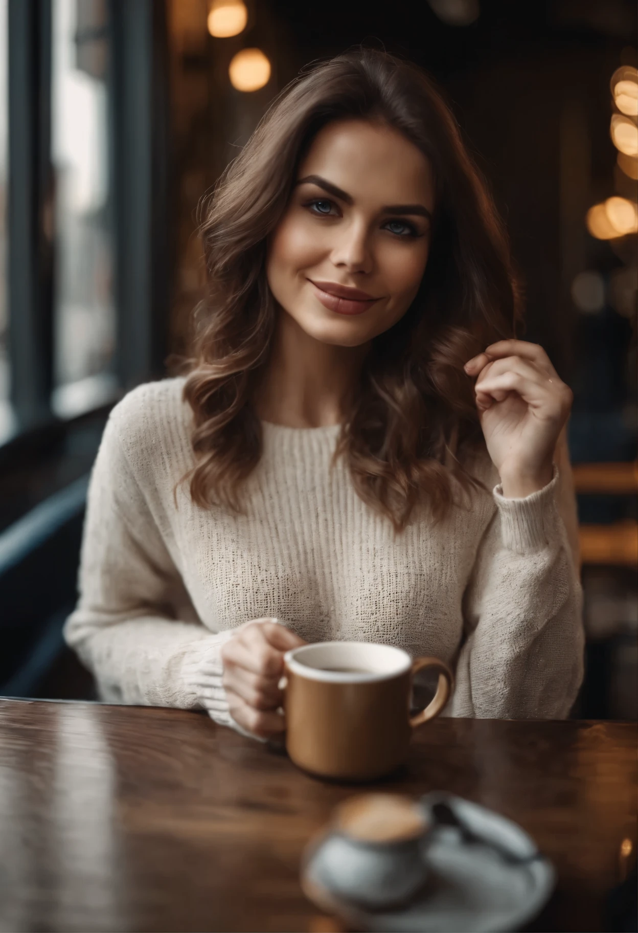Beautiful brunette woman in white sweater posing in front of the camera in full body (Sipping coffee in a modern café ), very detailed, 21 years old, innocent face, Natural straight hair, king, Blue eyes, A high resolution, Masterpiece, Best quality, complex parts, very detailed, sharp focus, detailed skin, realistic skin texture, texture, detailed eyes, professional, 4k, Charming smile, shot on Canon, 85 mm, shallow depth of field, Kodak Vision цветной, perfectly toned body, extremely detailed, Photo_\(ultra\), фотоRealistic, Realistic, Post-processing, Maximum detail, Roughness, real life, ultra realistis, photorealism, photographic, 8k contract, photographic